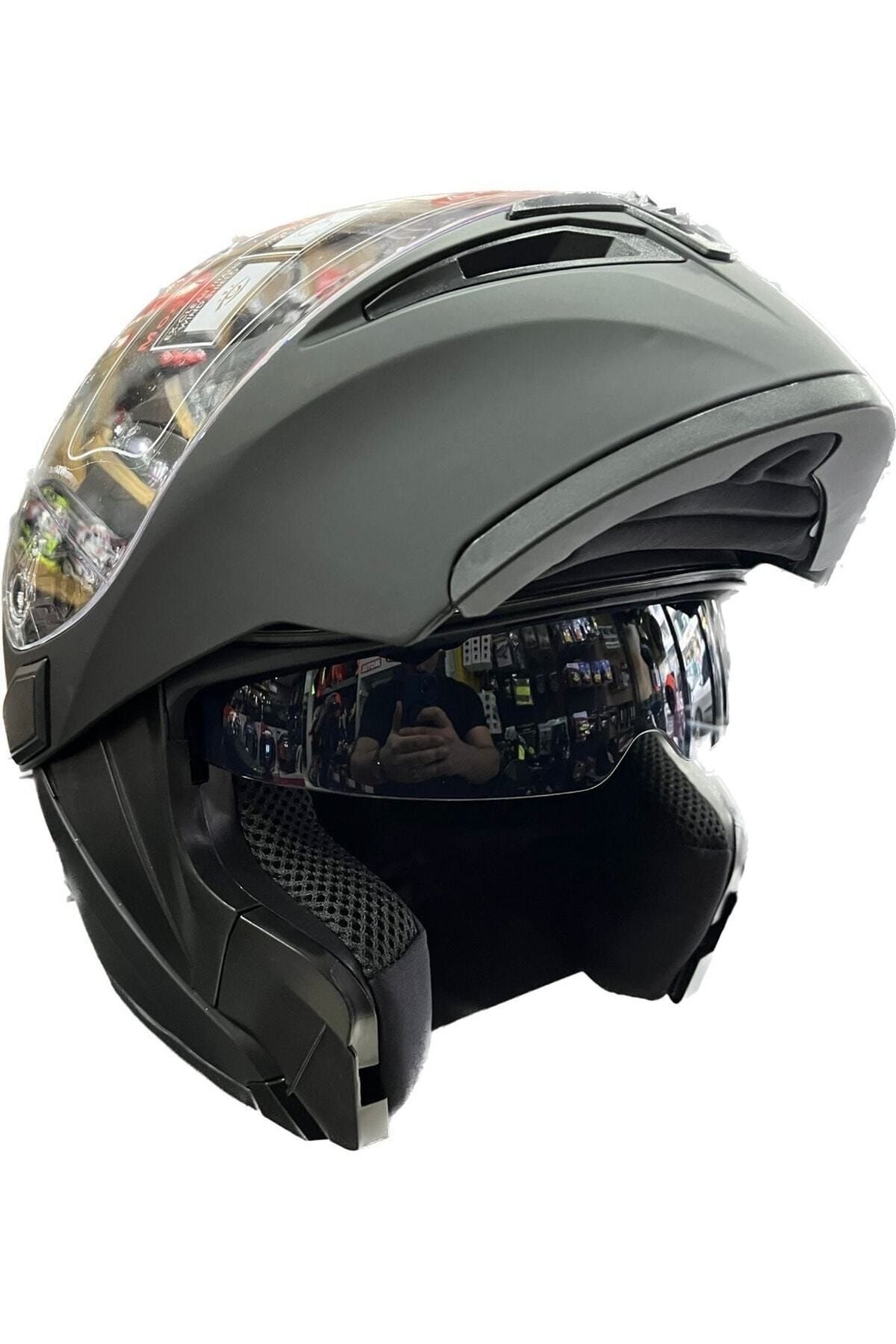 JK 902 Mat Siyah Çene Açılır Motosiklet Kaskı Çene Pedli Güneş Vizörlü