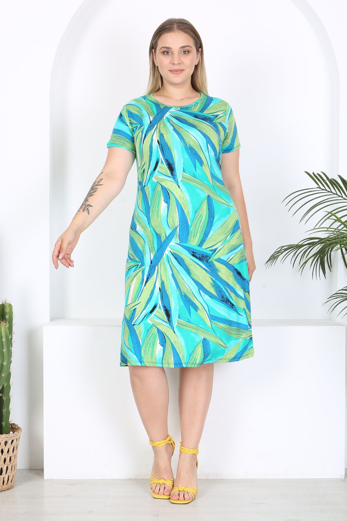 Madwilo-Rochie de bază din viscoză elastică cu model de frunze verzi albastre 3
