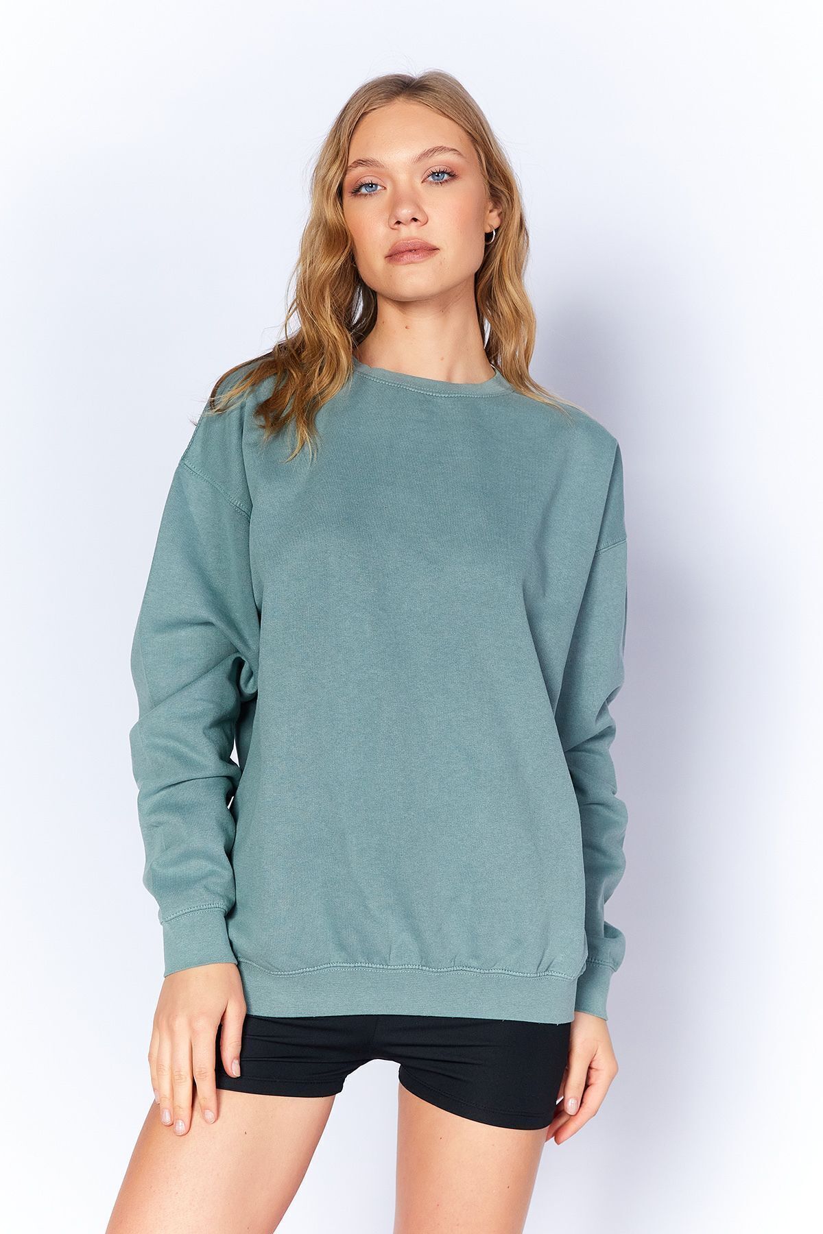 Petrol Eskitme/Soluk Efektli  Basic Kalıp l Örme Sweatshirt