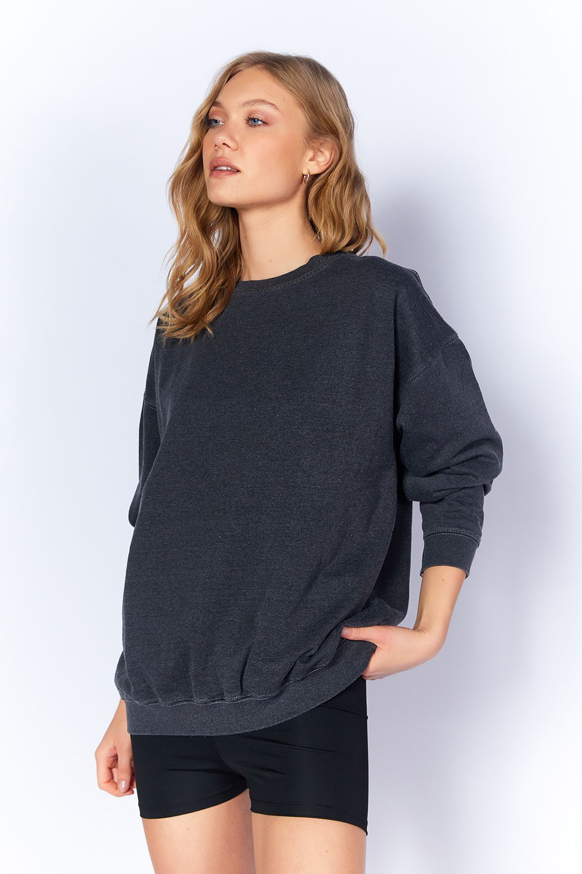 Antrasit Eskitme/Soluk Efektli  Basic Kalıp l Örme Sweatshirt