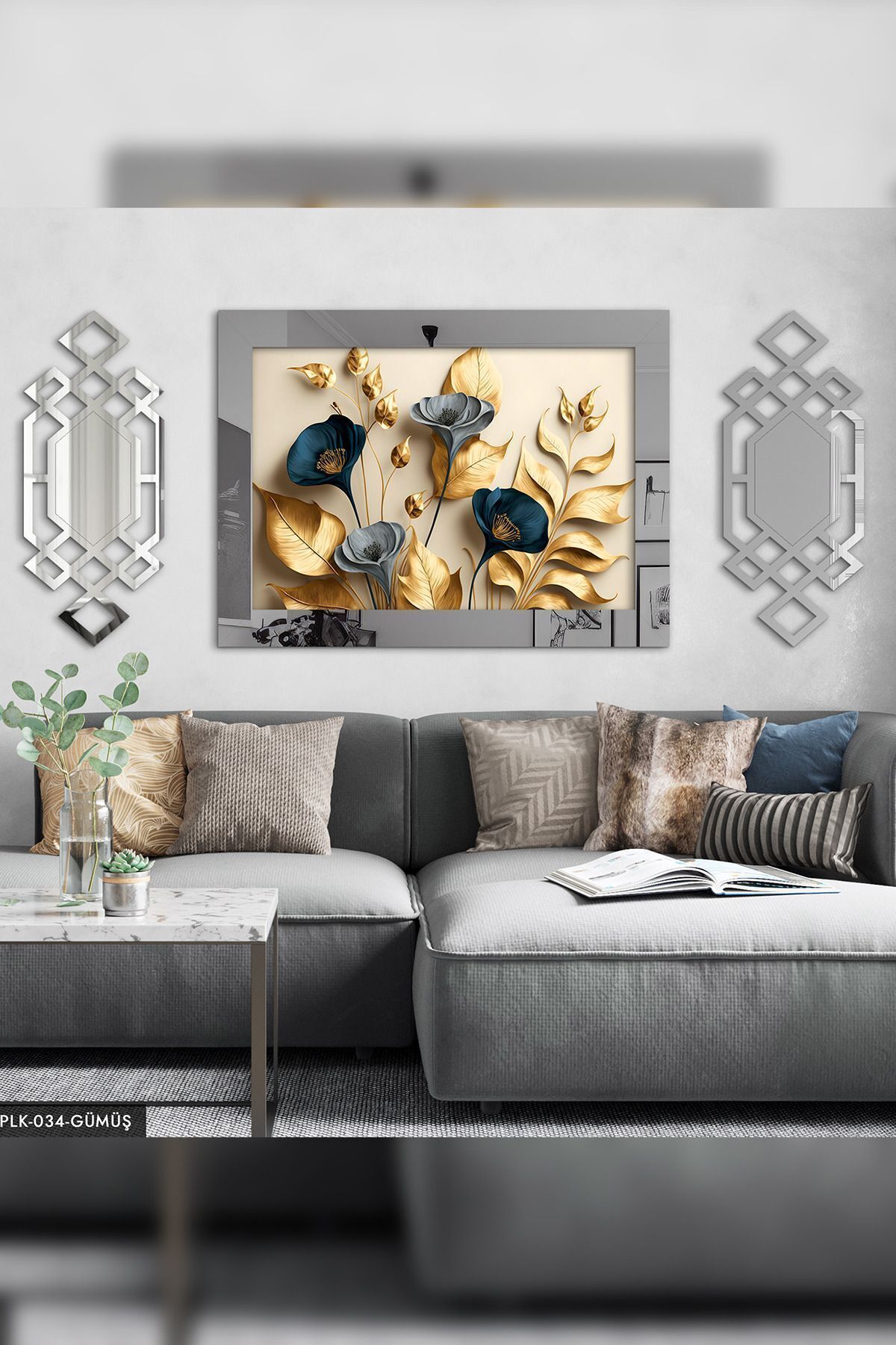 3-Piece Silver Plexiglass Painting with Elegant Gold Leaves and Blue Flowers and Branches Side Decoration