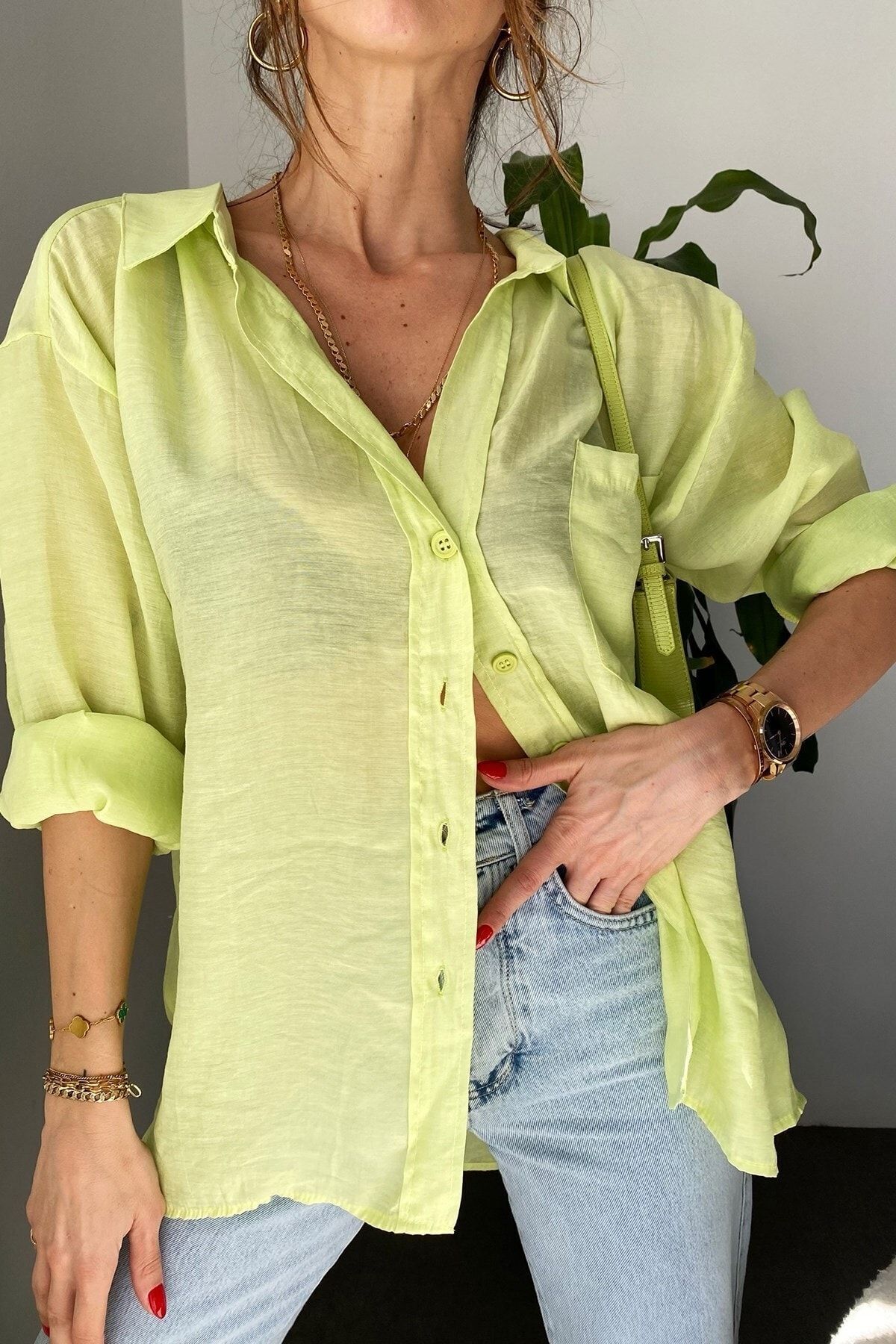 Suziş  Kadın Oversize Düşük Omuz Bol Kalıp Neon Yeşil Gömlek - Görsel 4
