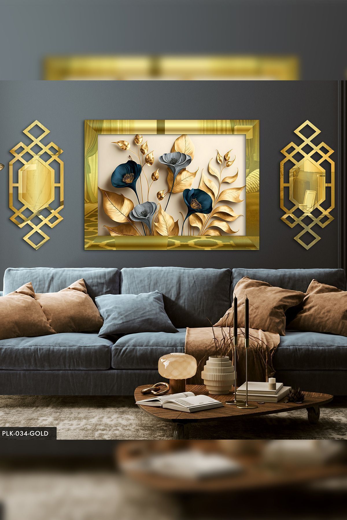 3-Piece Gold Plexiglass Table with Elegant Gold Leaves and Blue Flowers and Branches Side Decor