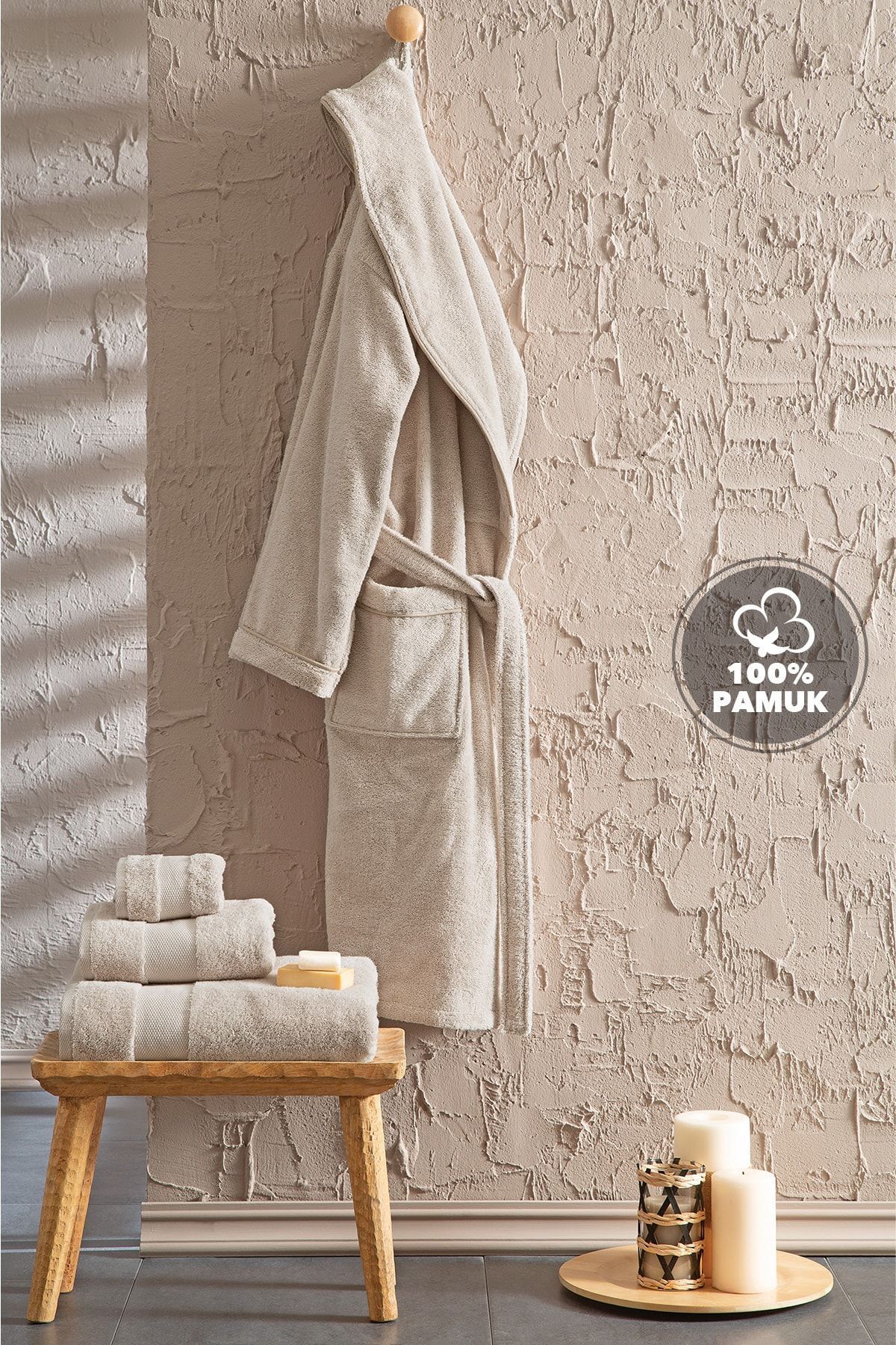 حوله تنپوش (روبدوشامبر) نود مردانه و زنانه BATHROBE ESSESIONS BEADING بژ اورجینال Yataş