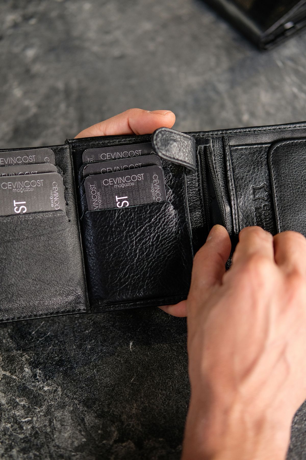 CEVINCOST  Hakiki Deri siyah Erkek Cüzdan Bozuk Para Bölmeli - Görsel 2