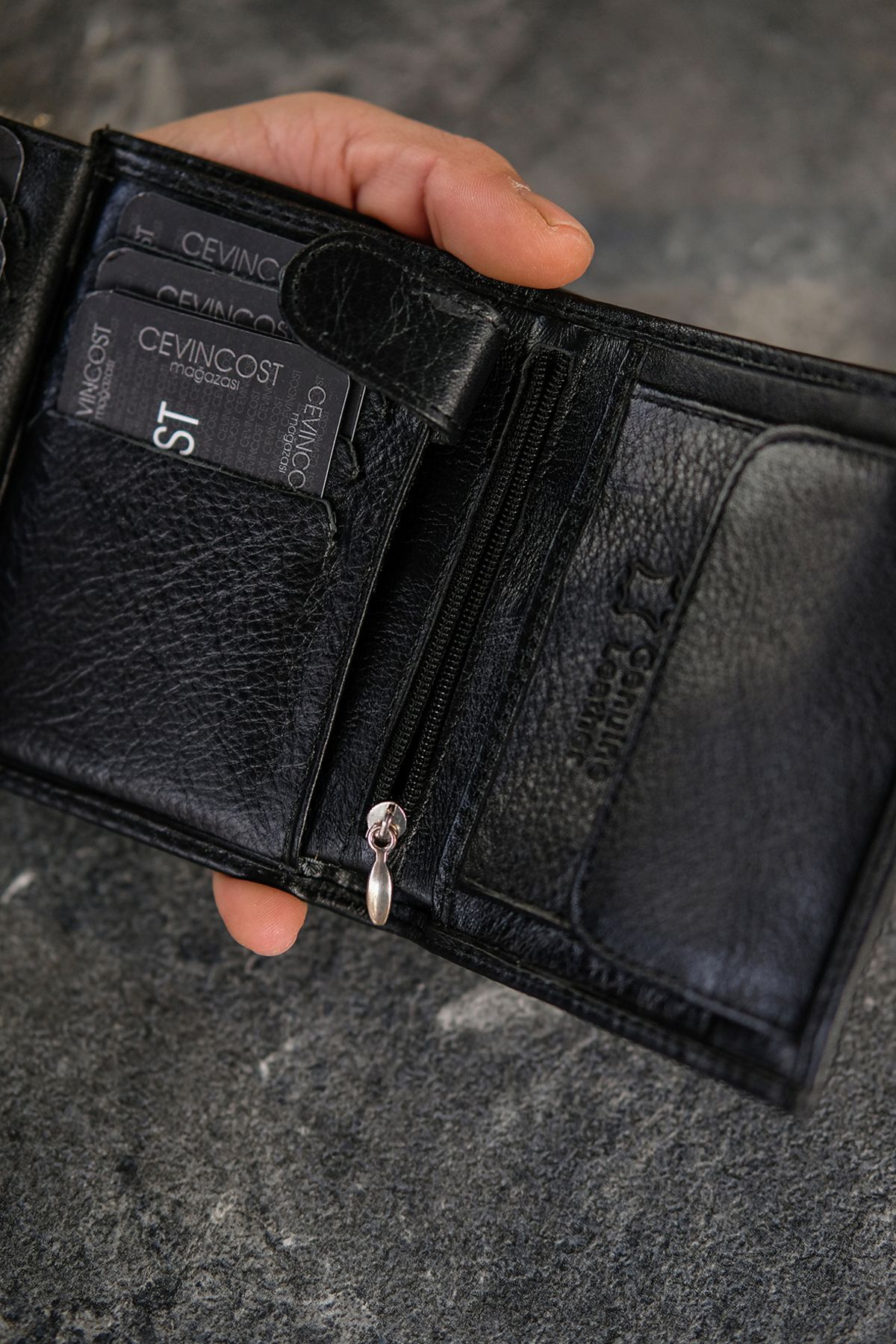 CEVINCOST  Hakiki Deri siyah Erkek Cüzdan Bozuk Para Bölmeli - Görsel 4