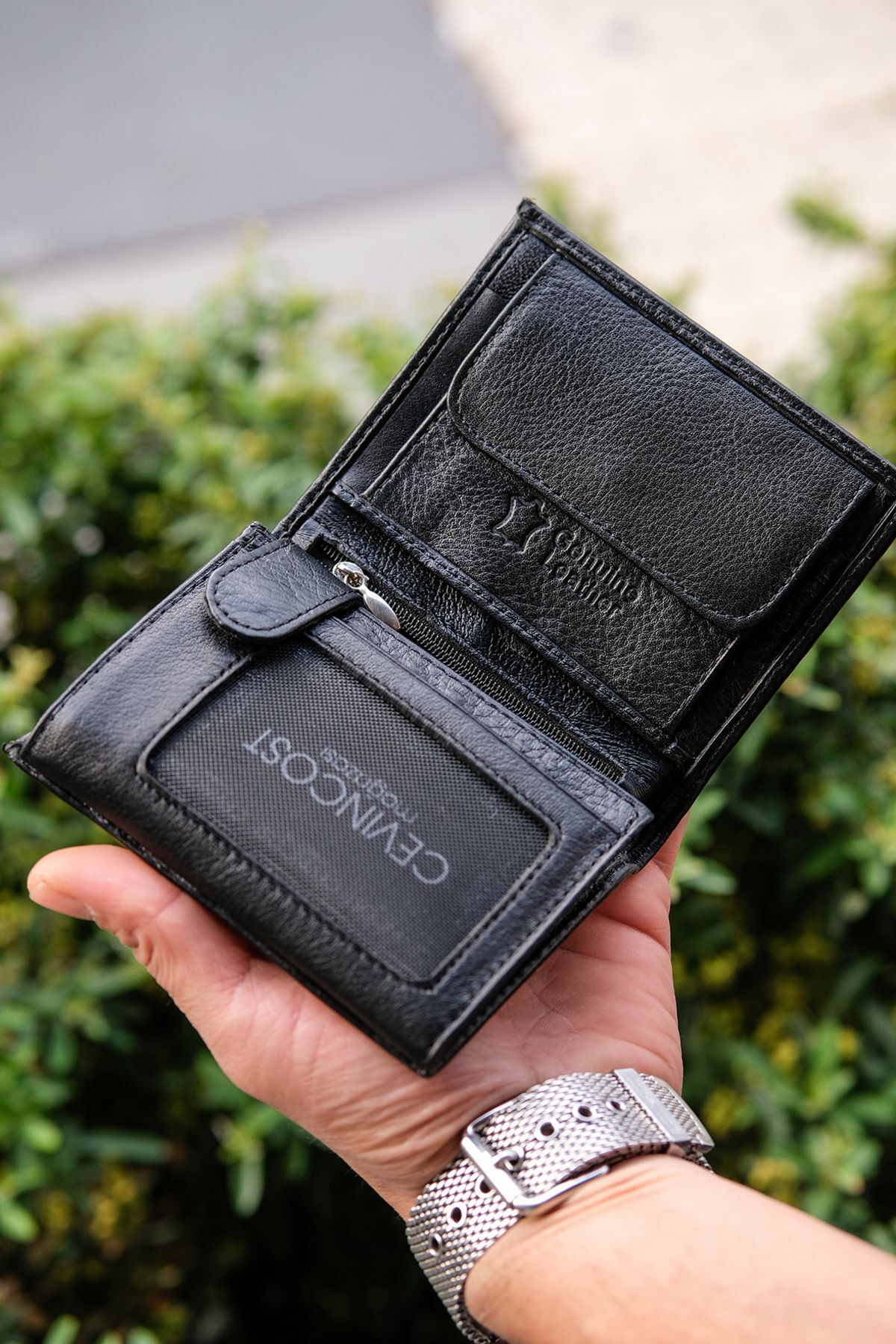 CEVINCOST  Hakiki Deri siyah Erkek Cüzdan Bozuk Para Bölmeli