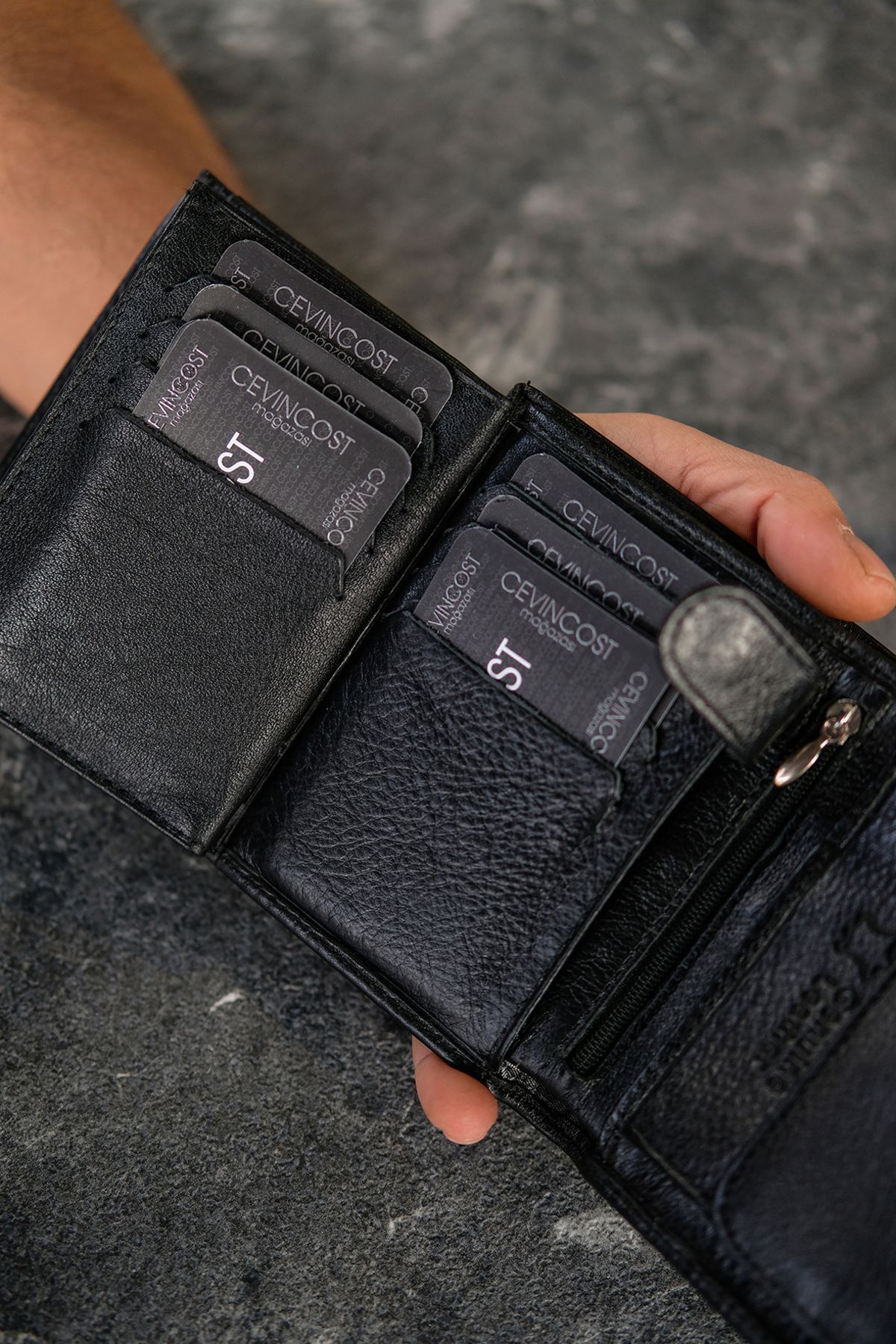 CEVINCOST  Hakiki Deri siyah Erkek Cüzdan Bozuk Para Bölmeli - Görsel 5