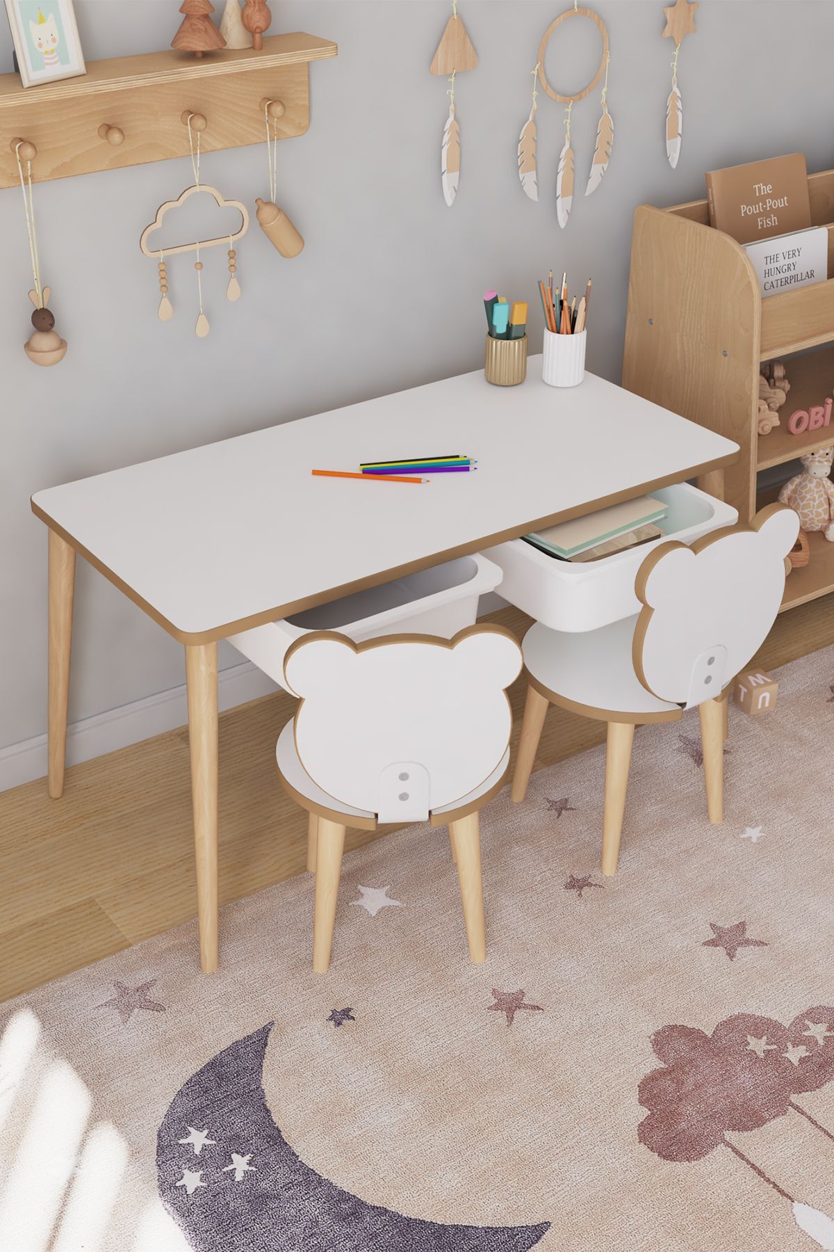 OBİ Atölye Çocuk Oyun Aktivite Masası 2 Sandalyeli Çekmeceli Çocuk Masası - Panda fotoğrafı 2 (önizleme)