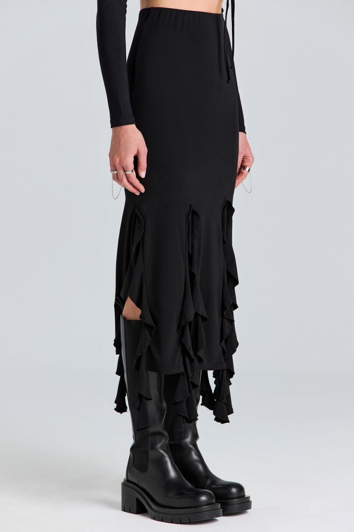 boutiquen-2783 Ruffled Long Black Skirt 5