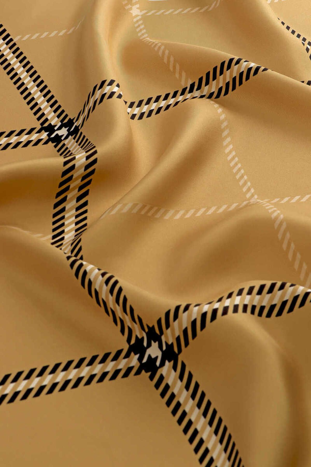 Bursa İpek-Plaid Patterned Twill Silk Scarf - Gold 2