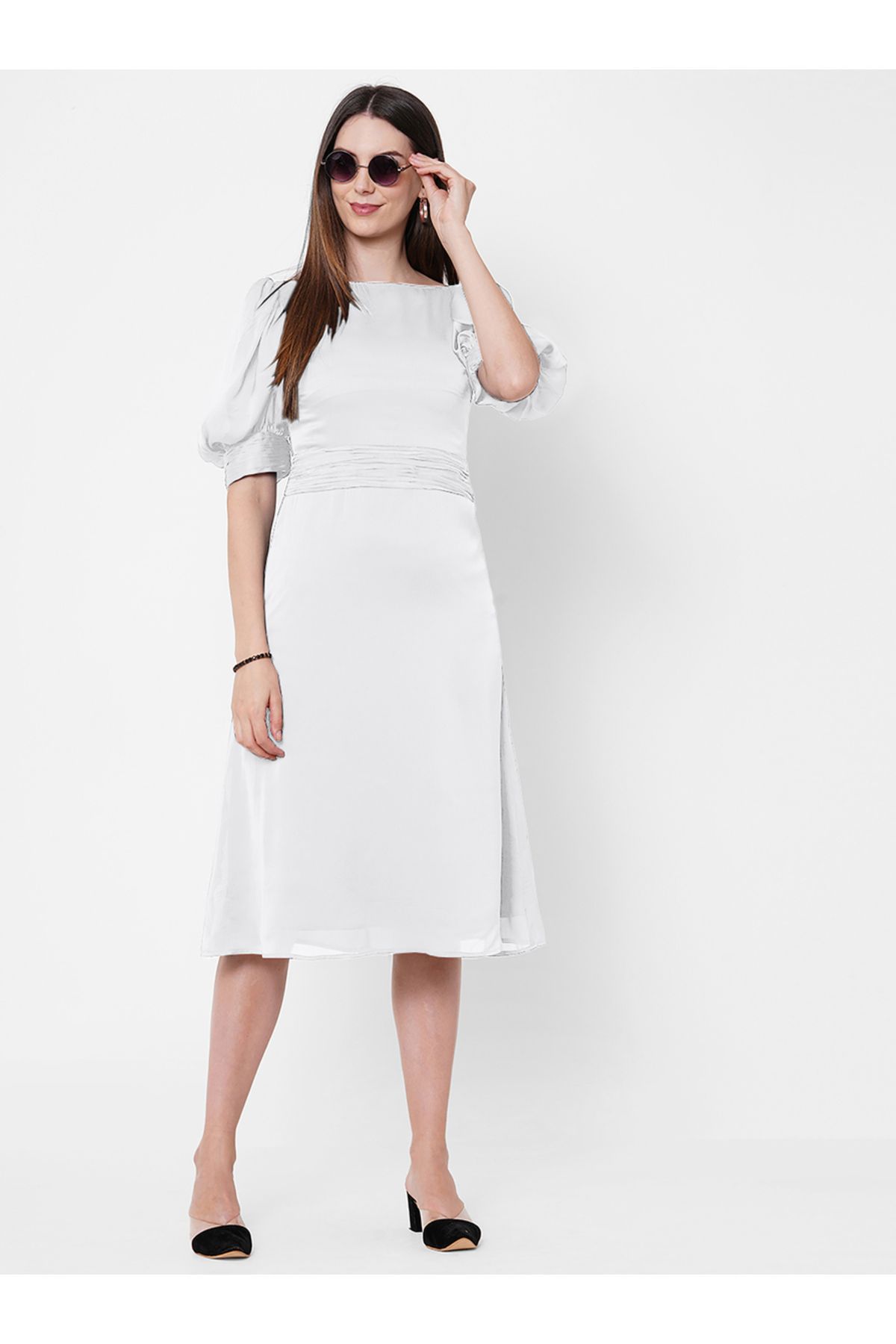 Mish By Styli-Boat Neck Chiffon Midi Dress with Puff Sleeve 5
