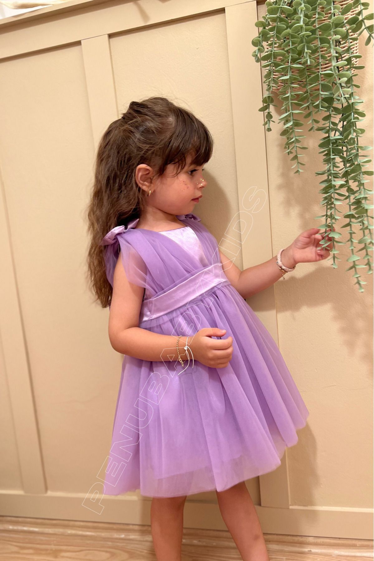 penu baby kids Lila Omuzdan Fiyonklu Tül Kız Bebek Elbise - Bow fotoğrafı 2 (önizleme)