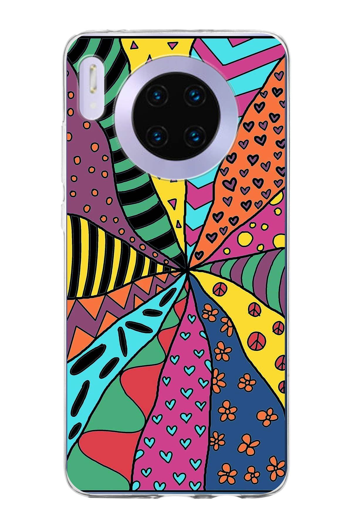 Huawei Mate 30 ile Uyumlu 1mm Slim Fit Retro Renkler 4 Baskılı Şeffaf Kılıf
