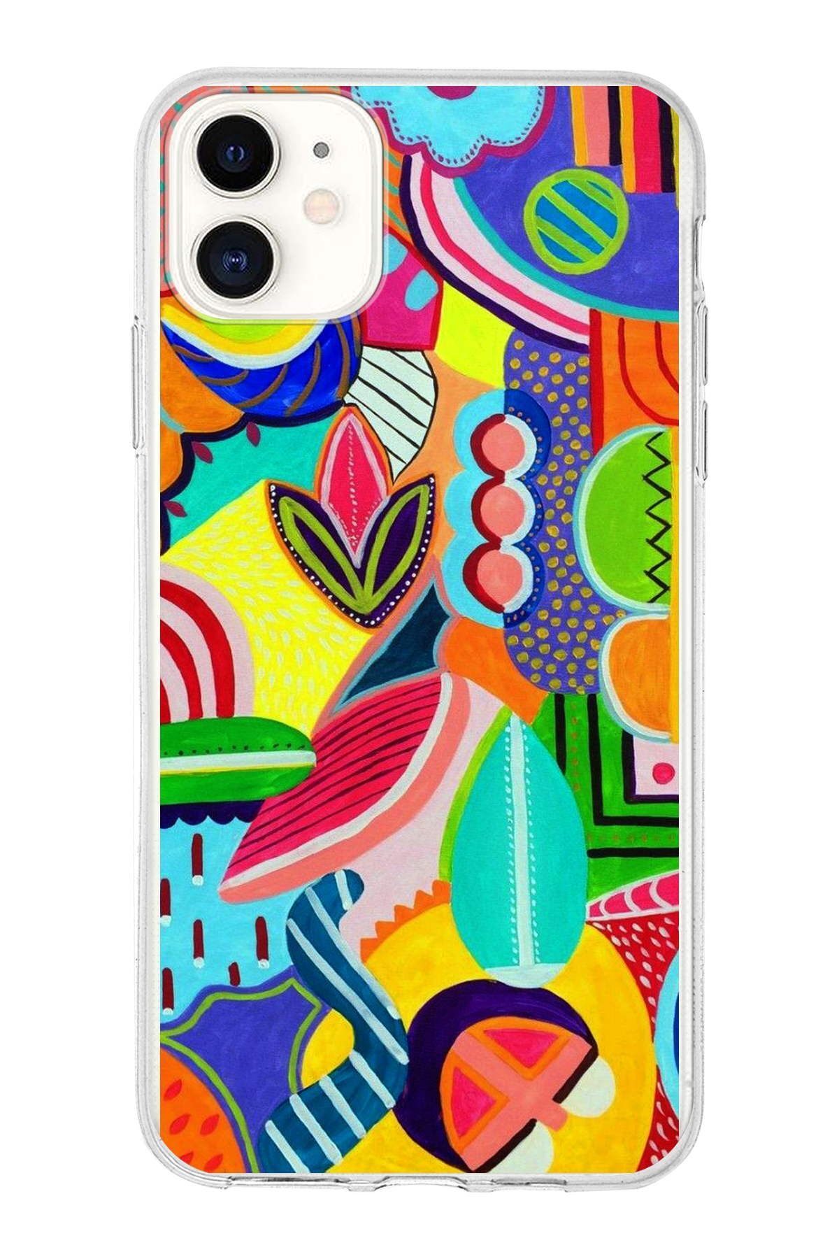 Apple iPhone 11 ile Uyumlu 1mm Slim Fit Retro Renkler 6 Baskılı Şeffaf Kılıf