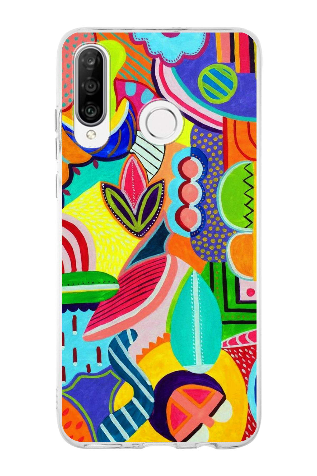 Huawei P30 Lite ile Uyumlu 1mm Slim Fit Retro Renkler 6 Baskılı Şeffaf Kılıf