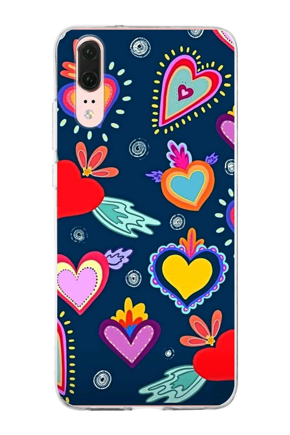 Huawei P20 ile Uyumlu 1mm Slim Fit Retro Renkler 3 Baskılı Şeffaf Kılıf