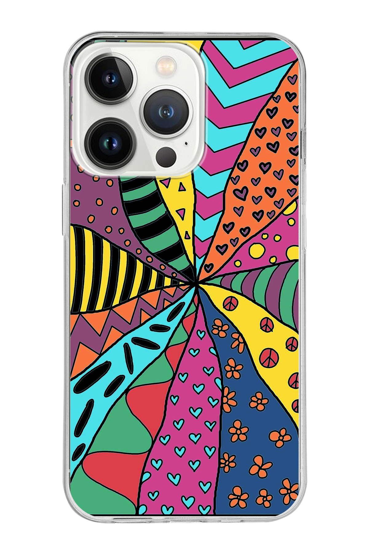 Apple iPhone 13 Pro ile Uyumlu 1mm Slim Fit Retro Renkler 4 Baskılı Şeffaf Kılıf