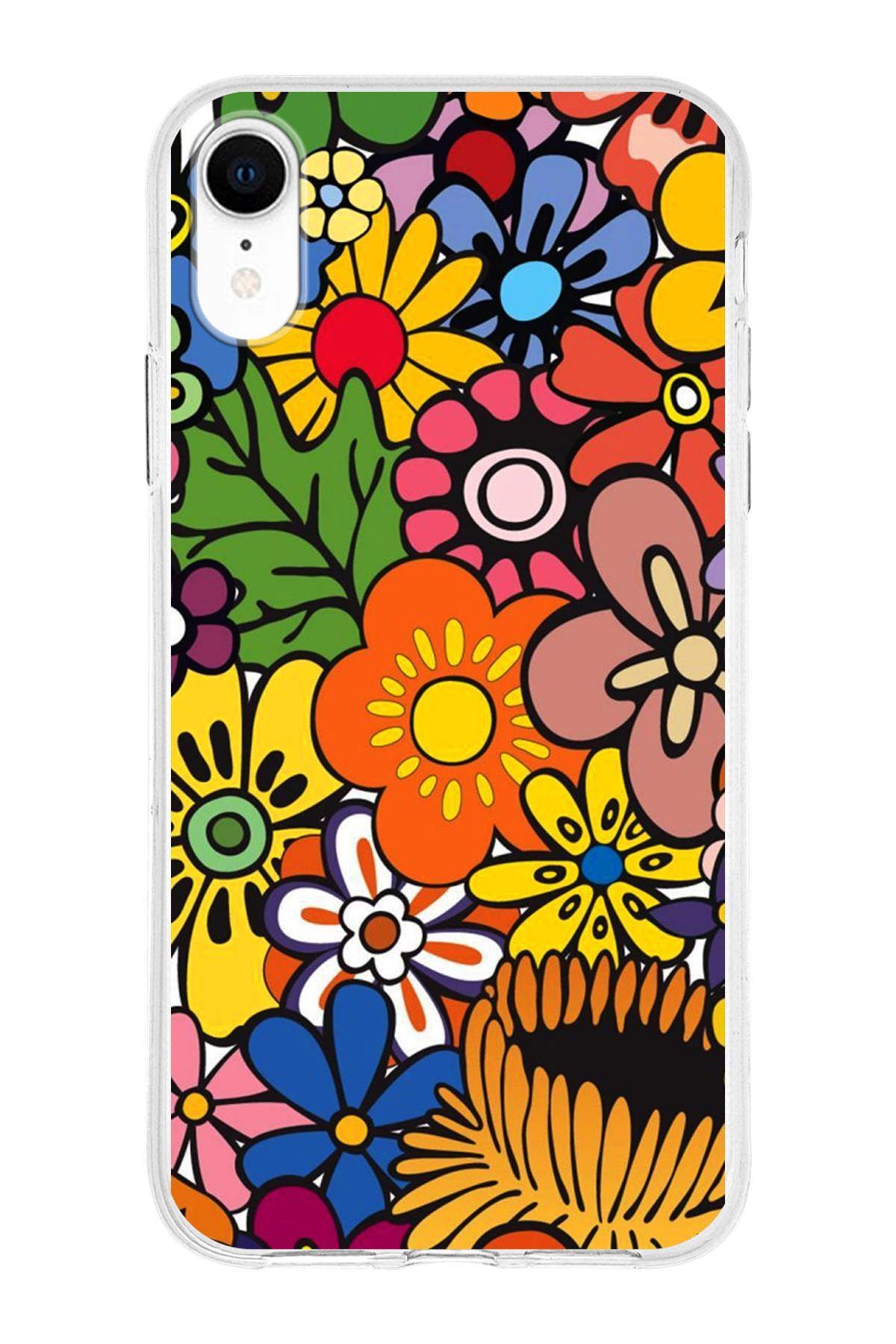 Apple iPhone XR ile Uyumlu 1mm Slim Fit Retro Renkler 2 Baskılı Şeffaf Kılıf