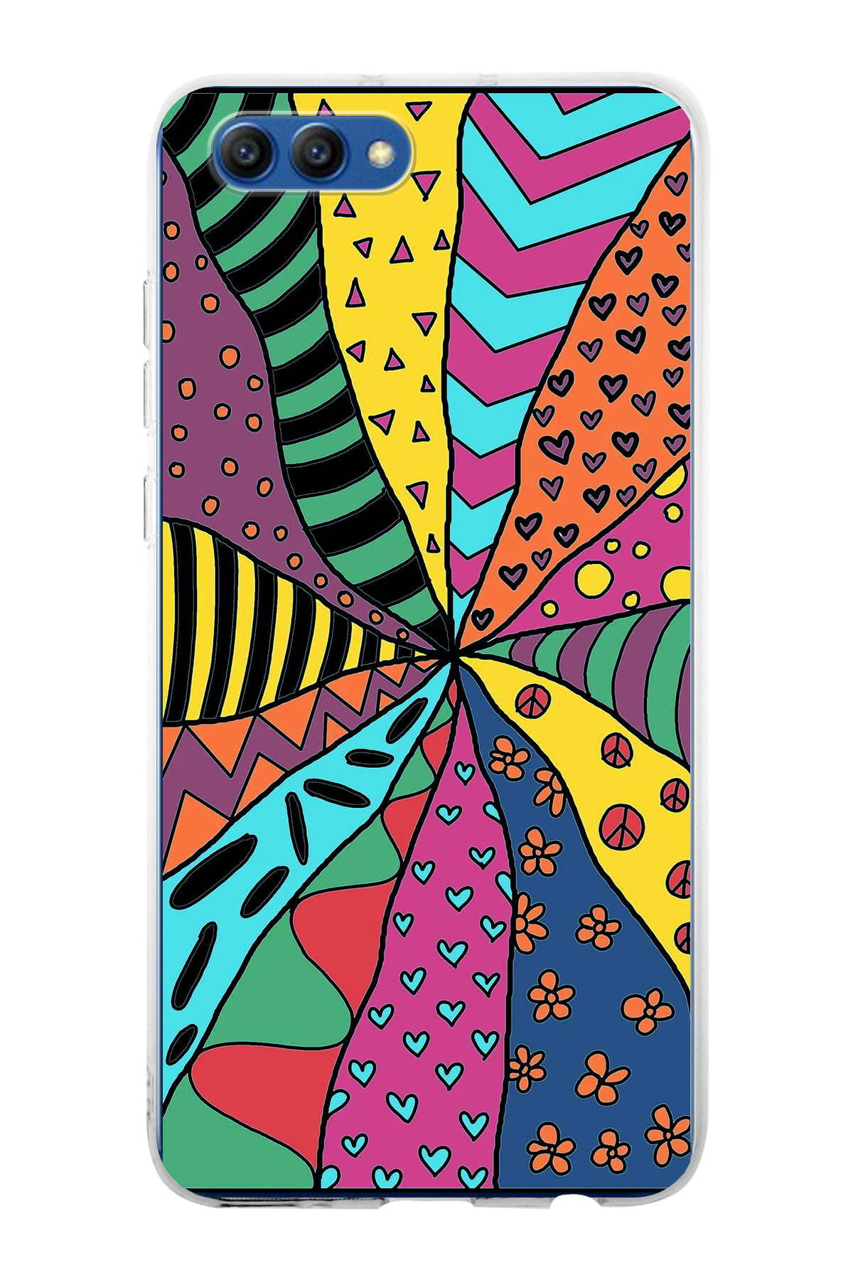 Huawei Honor View 10 ile Uyumlu 1mm Slim Fit Retro Renkler 4 Baskılı Şeffaf Kılıf