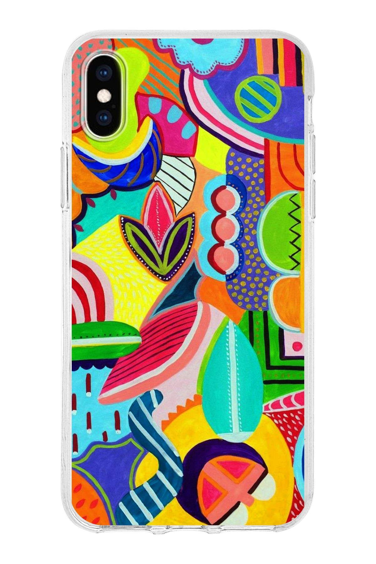 Apple iPhone XS Max ile Uyumlu 1mm Slim Fit Retro Renkler 6 Baskılı Şeffaf Kılıf