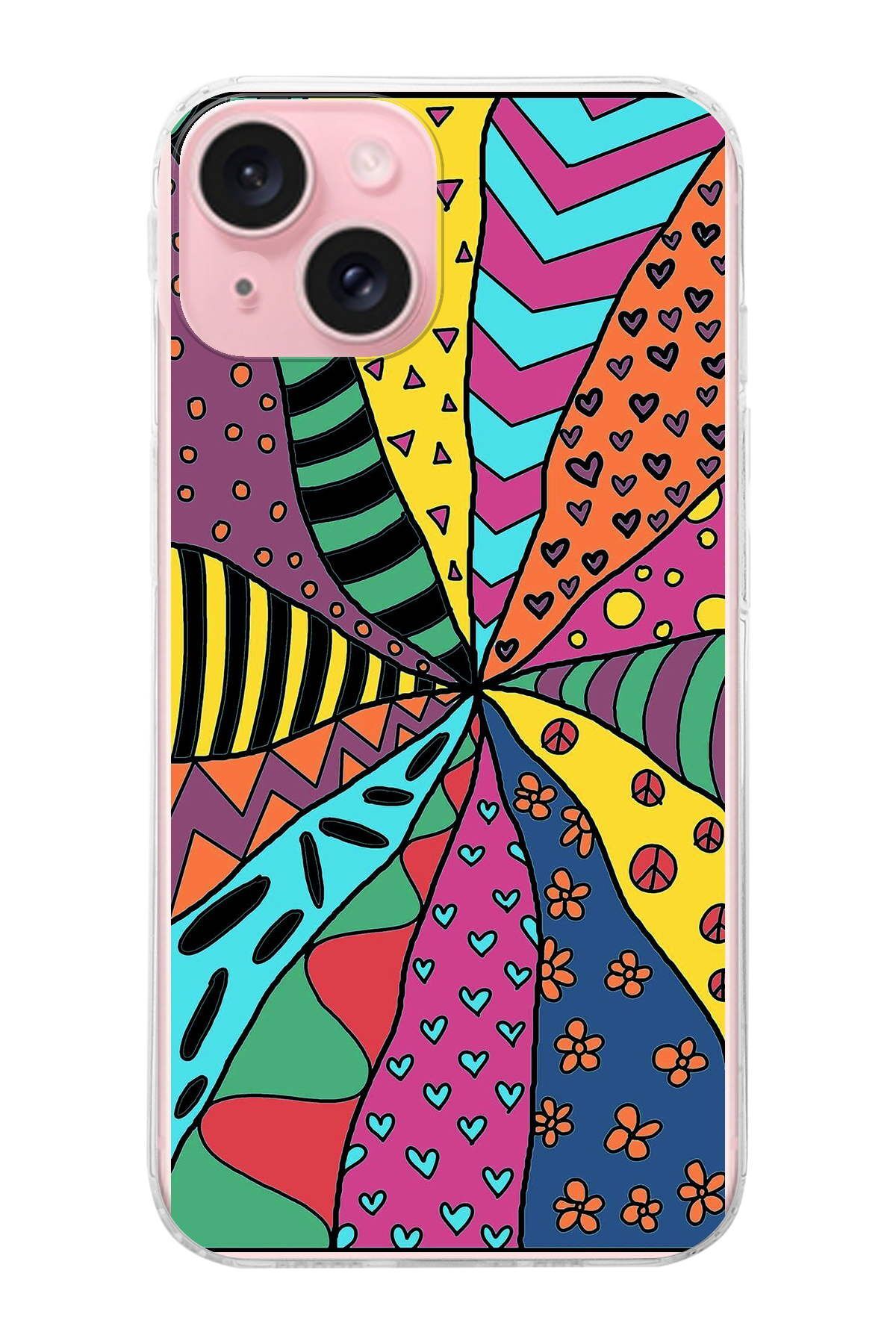 Apple iPhone 15 ile Uyumlu 1mm Slim Fit Retro Renkler 4 Baskılı Şeffaf Kılıf