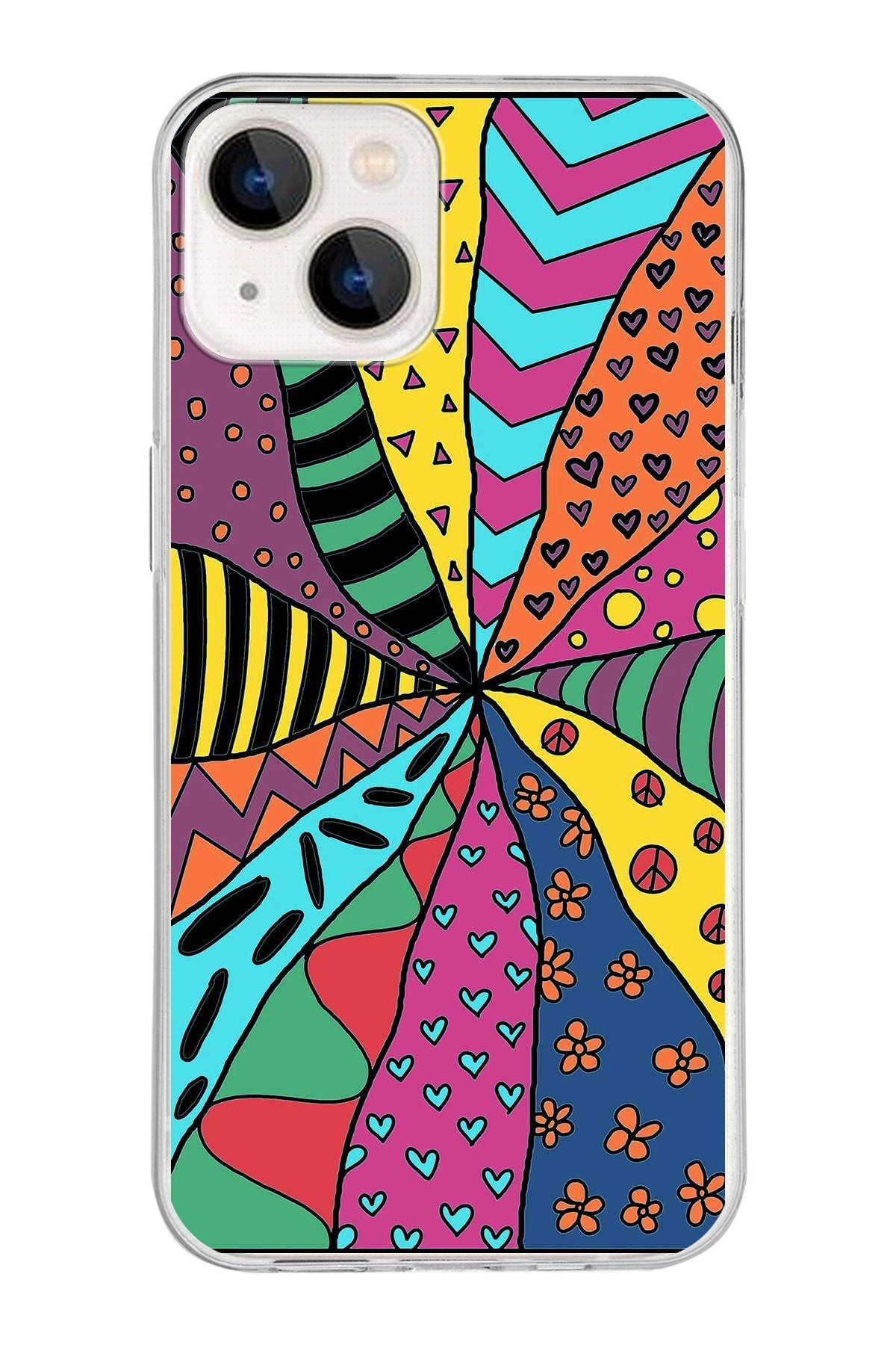 Apple iPhone 13 ile Uyumlu 1mm Slim Fit Retro Renkler 4 Baskılı Şeffaf Kılıf