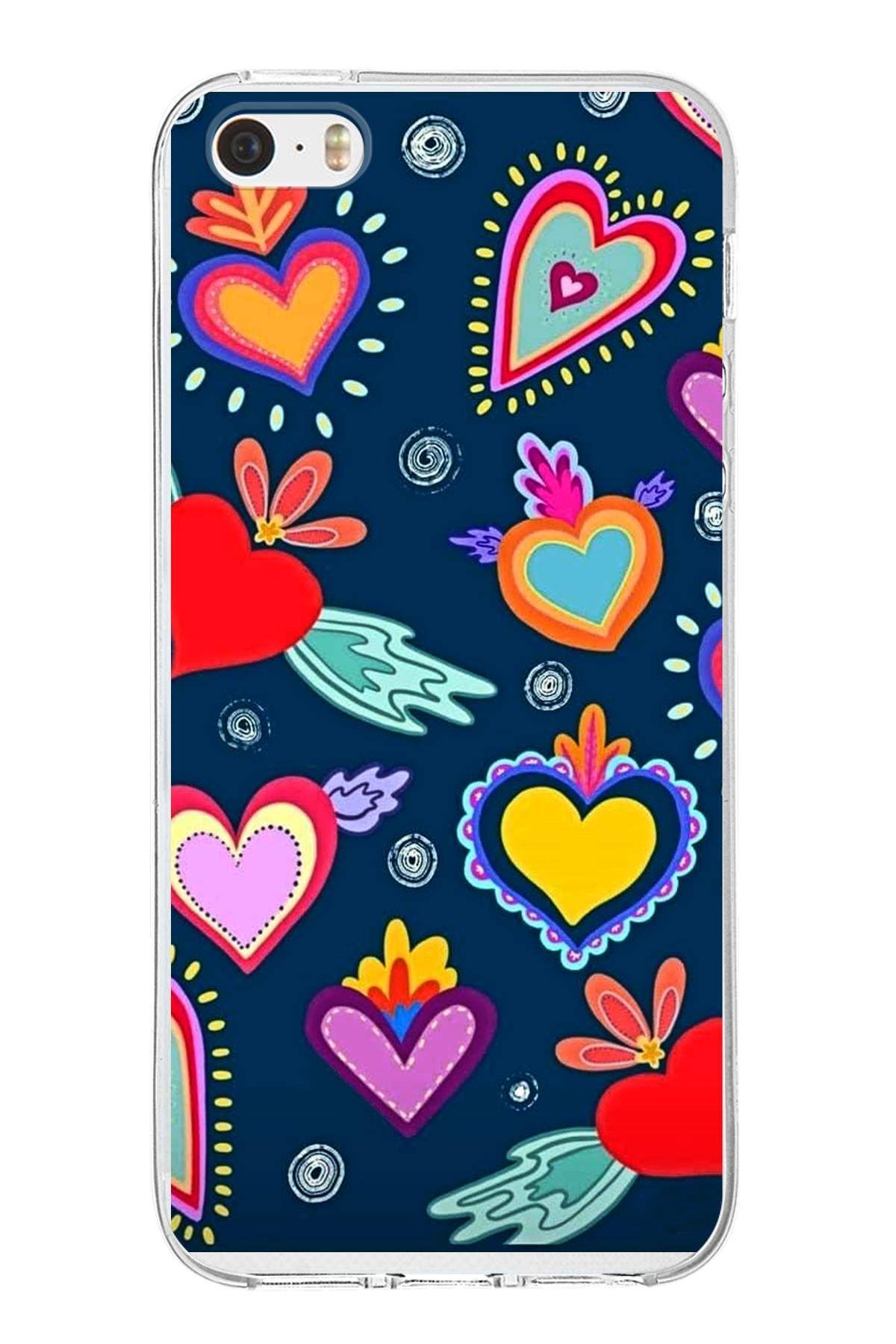 Apple iPhone 5S ile Uyumlu 1mm Slim Fit Retro Renkler 3 Baskılı Şeffaf Kılıf