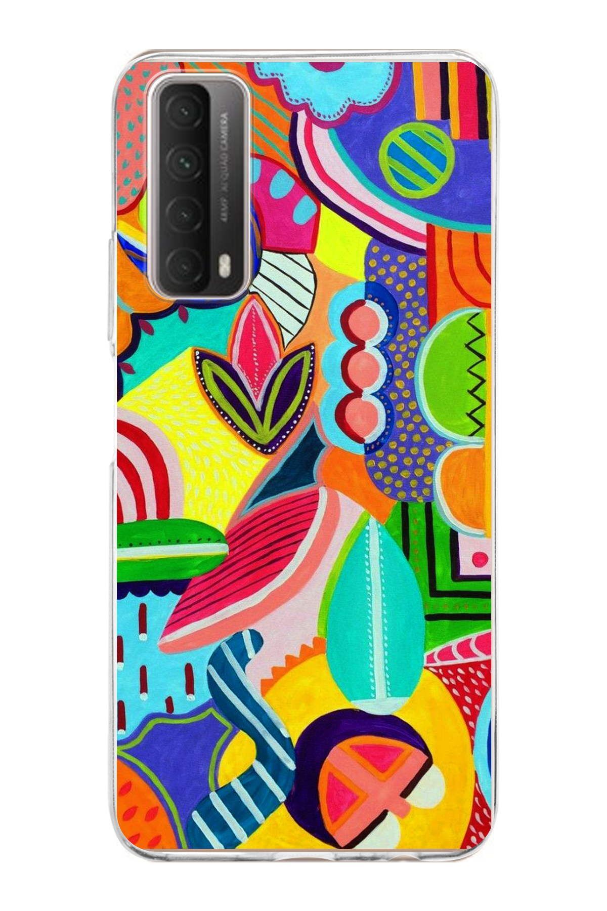 Huawei P Smart 2021 ile Uyumlu 1mm Slim Fit Retro Renkler 6 Baskılı Şeffaf Kılıf