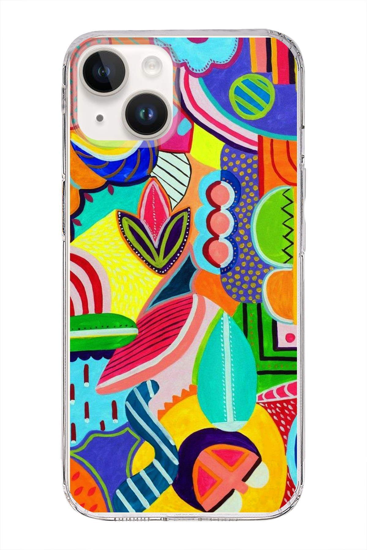 Apple iPhone 14 ile Uyumlu 1mm Slim Fit Retro Renkler 6 Baskılı Şeffaf Kılıf