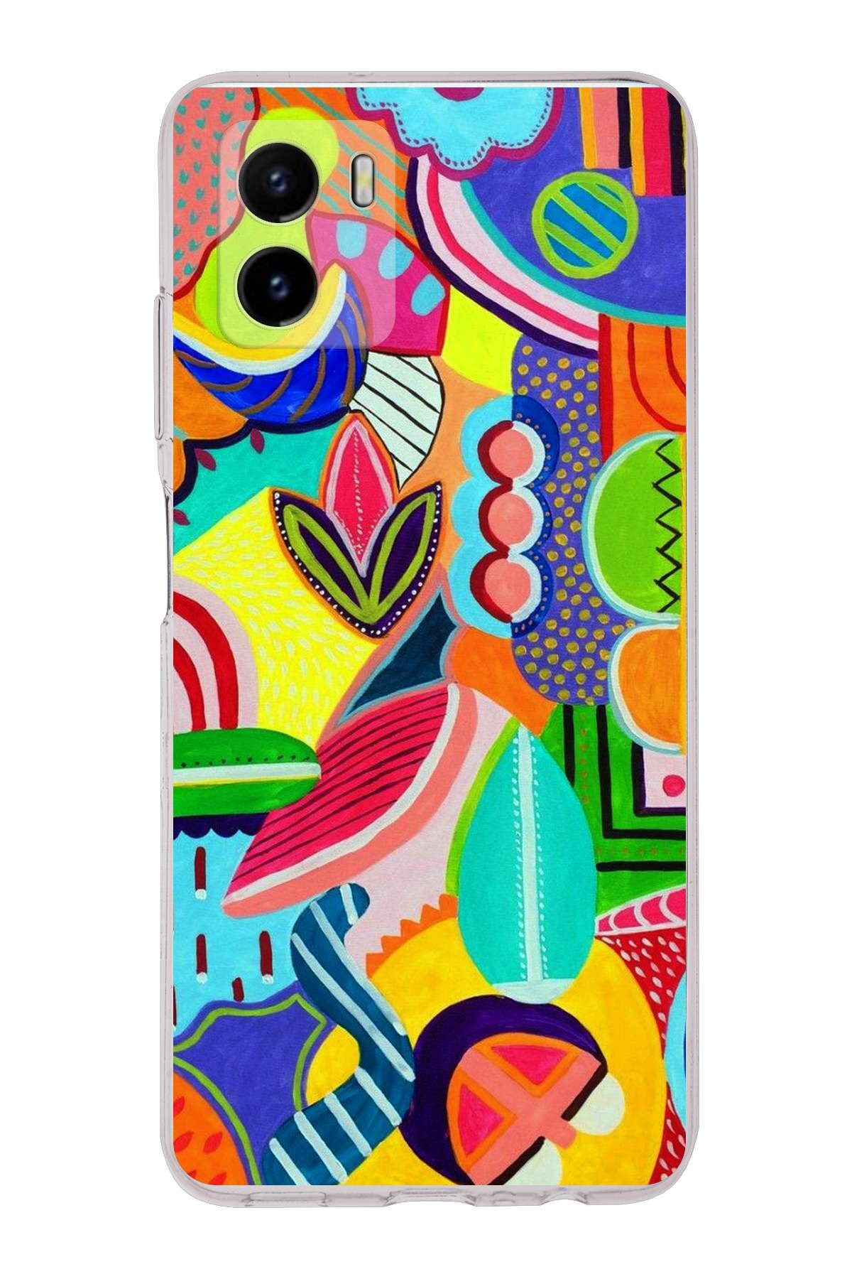 Vivo Y15s ile Uyumlu 1mm Slim Fit Retro Renkler 6 Baskılı Şeffaf Kılıf