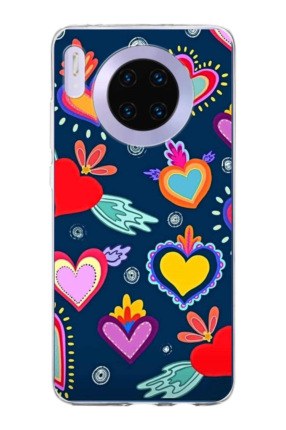 Huawei Mate 30 ile Uyumlu 1mm Slim Fit Retro Renkler 3 Baskılı Şeffaf Kılıf