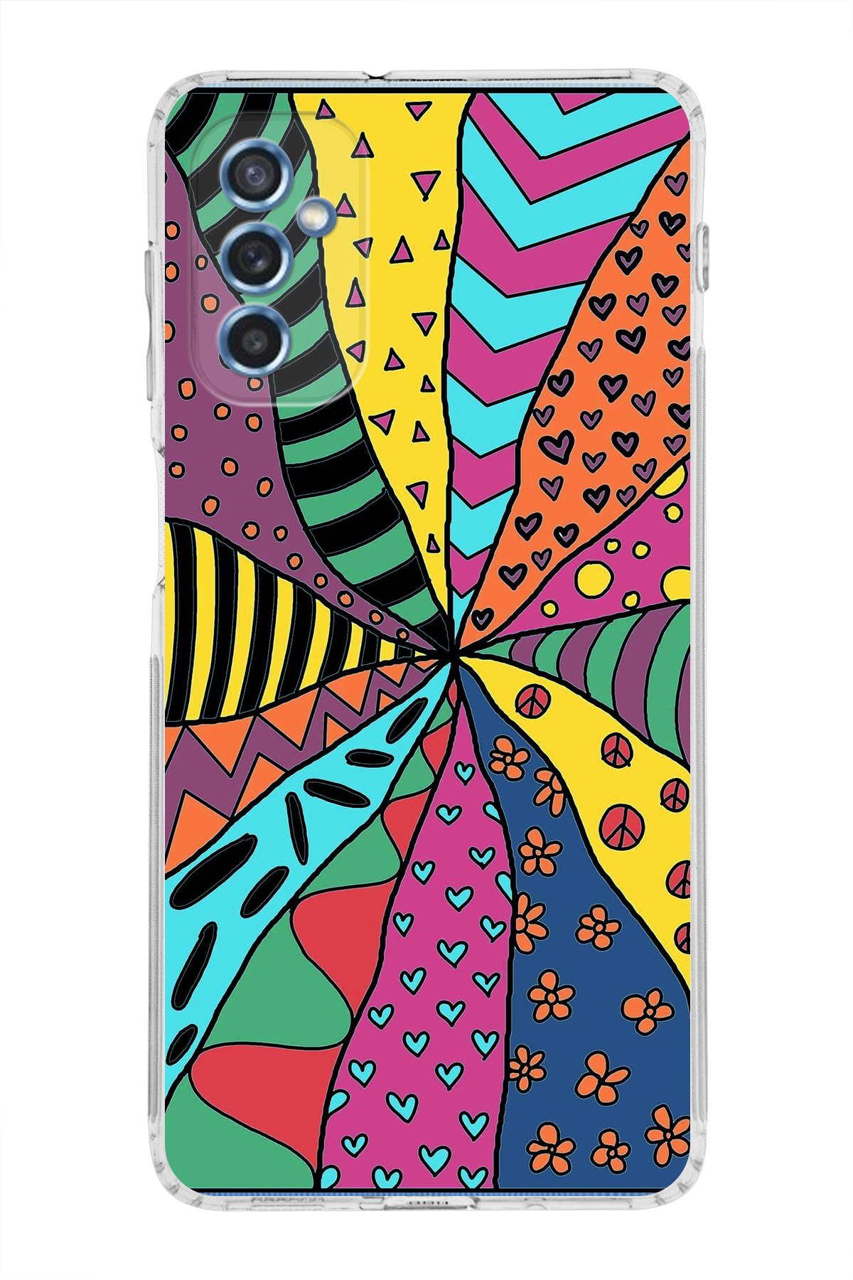Samsung Galaxy M52 ile Uyumlu 1mm Slim Fit Retro Renkler 4 Baskılı Şeffaf Kılıf