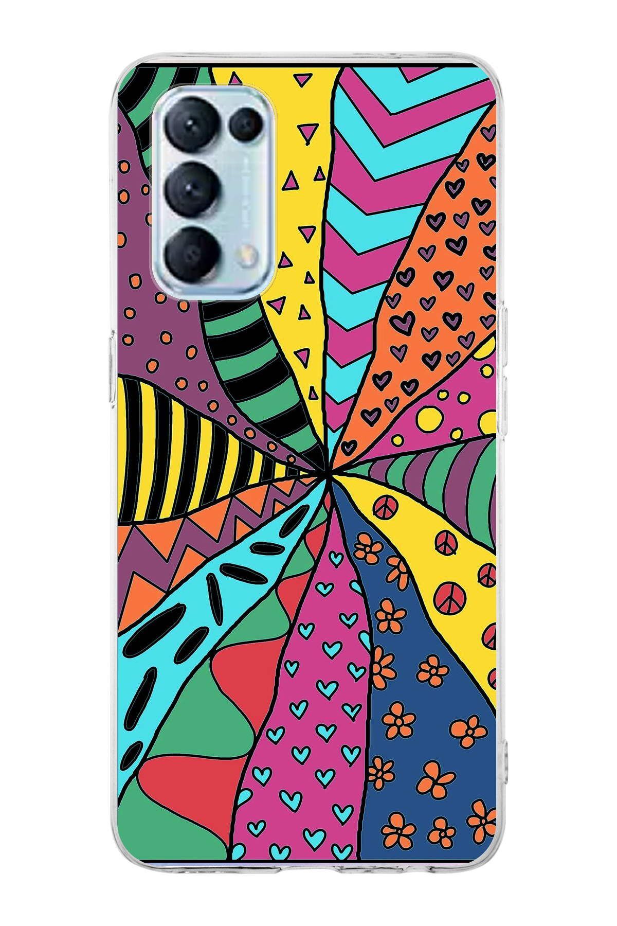 Oppo Reno 5 ile Uyumlu 1mm Slim Fit Retro Renkler 4 Baskılı Şeffaf Kılıf
