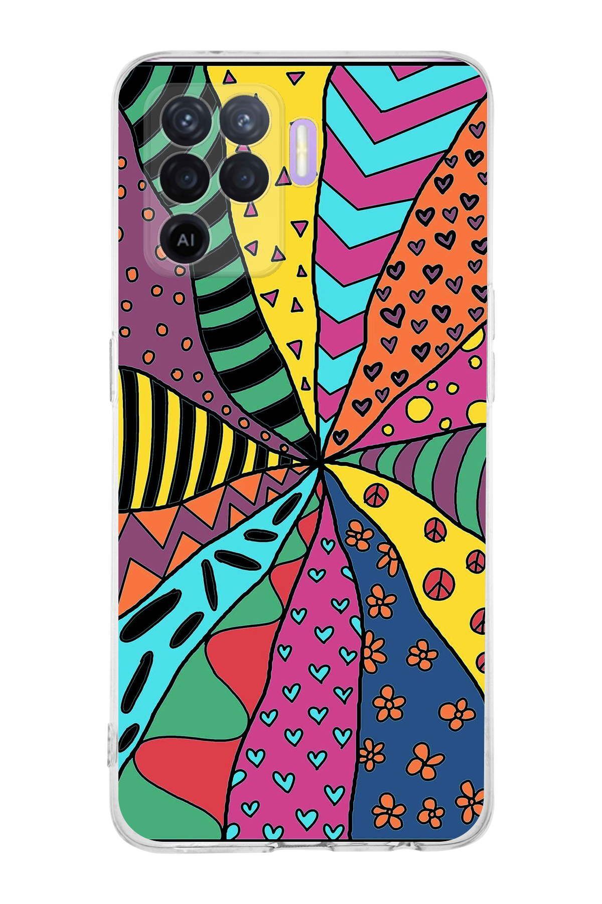 Oppo A94 ile Uyumlu 1mm Slim Fit Retro Renkler 4 Baskılı Şeffaf Kılıf