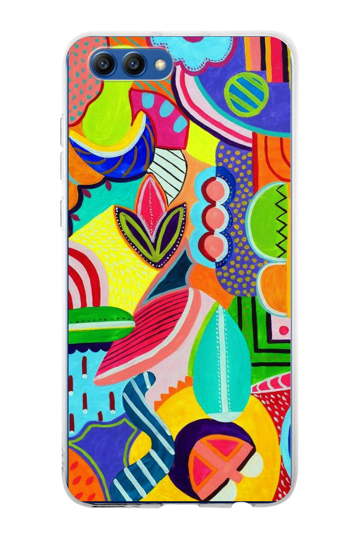 Huawei Honor View 10 ile Uyumlu 1mm Slim Fit Retro Renkler 6 Baskılı Şeffaf Kılıf