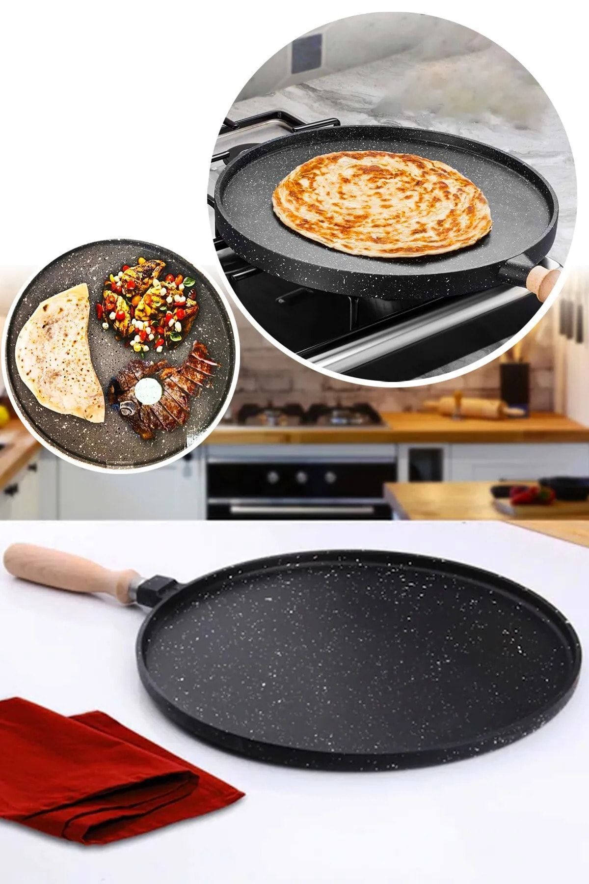 Gözleme Tavası Ocak Üstü Ekmek Bazlama Tavası Döküm Granit Çift Taraflı Tava
