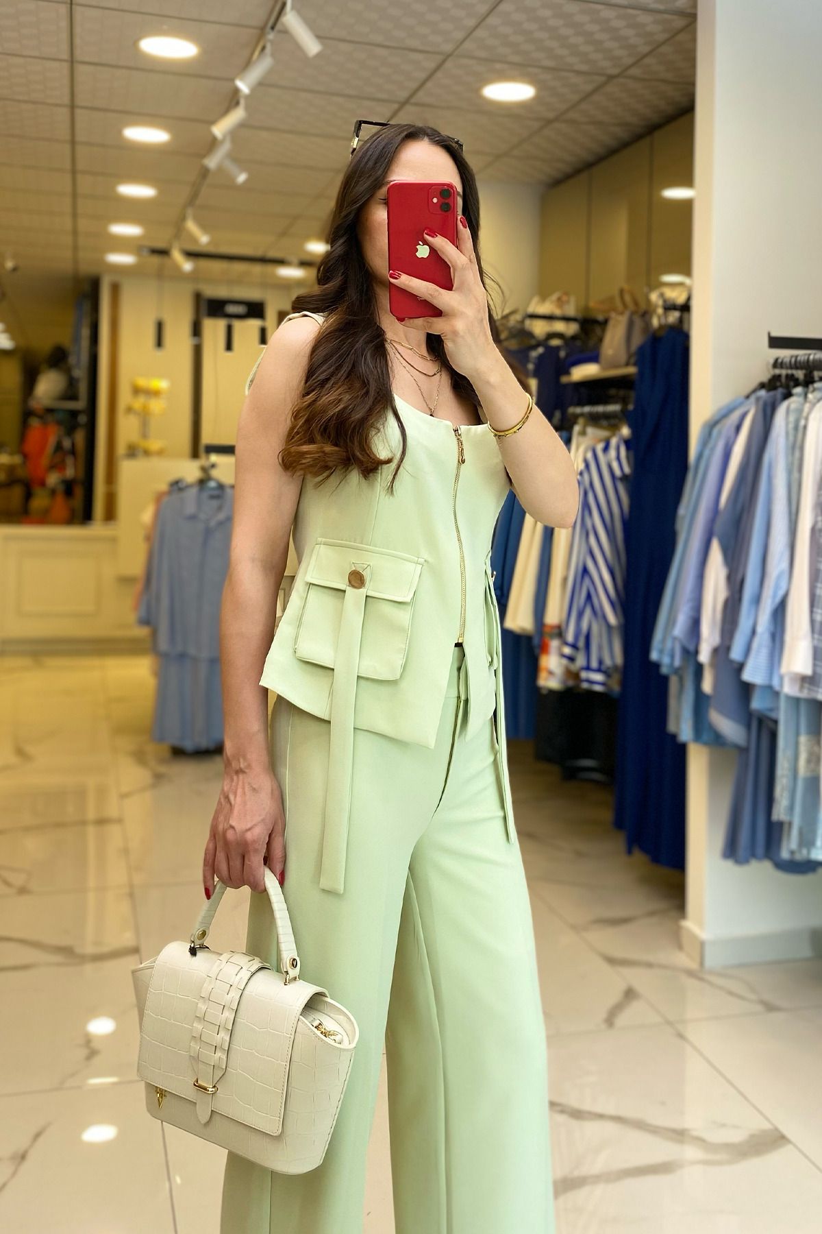 کت وشلوار سبز زنانه لباس جیب نعنا MIARTE ZIPPERED ZIPPER اورجینال Vosse