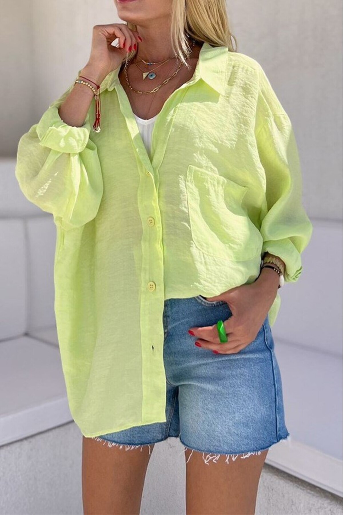 Suziş  Kadın Oversize Düşük Omuz Bol Kalıp Neon Yeşil Gömlek - Görsel 3