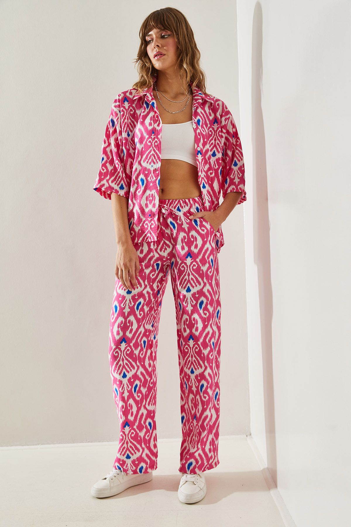 Bianco Lucci-Gemustertes, bedrucktes Palazzo-Hosen-Set aus Modal für Damen 5614 -60251369 5