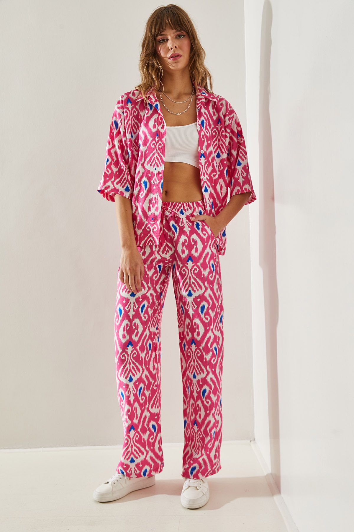 Bianco Lucci-Gemustertes, bedrucktes Palazzo-Hosen-Set aus Modal für Damen 5614 -60251369 4
