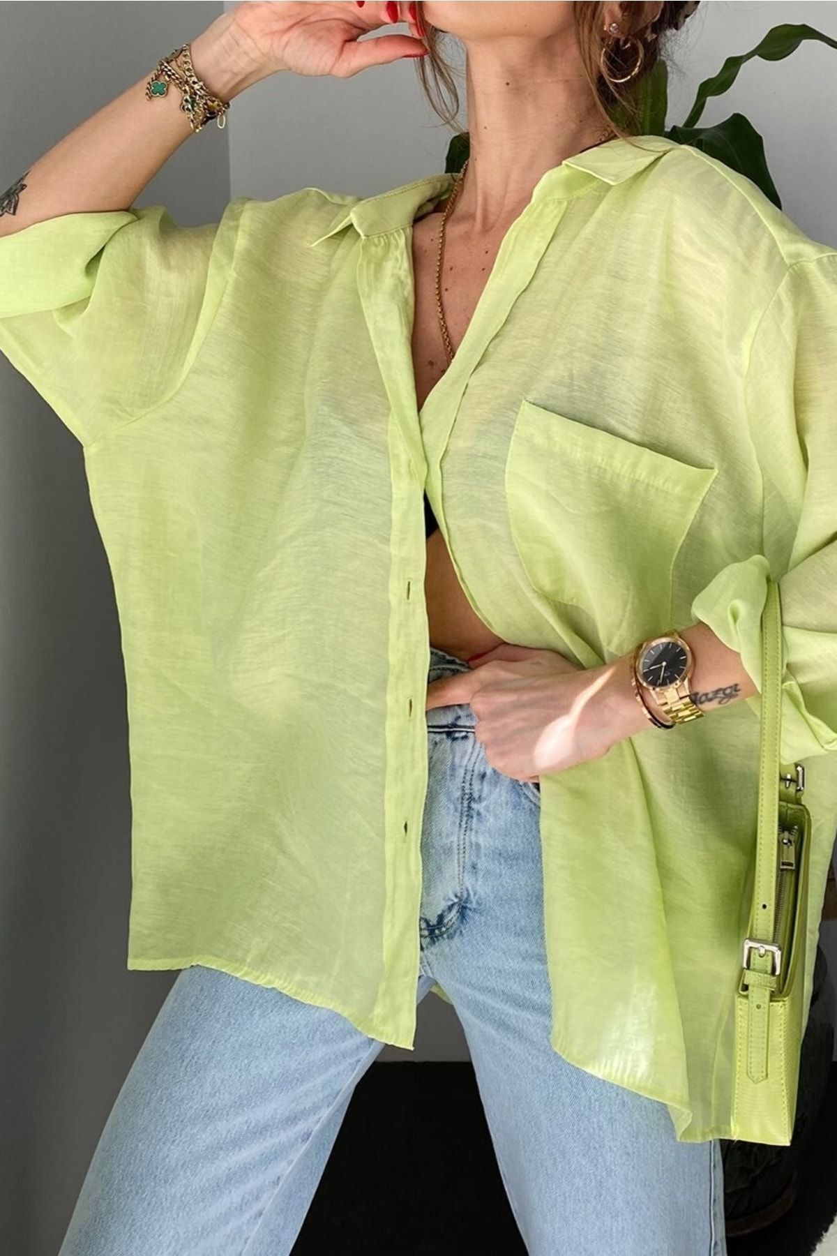 Suziş  Kadın Oversize Düşük Omuz Bol Kalıp Neon Yeşil Gömlek - Görsel 5