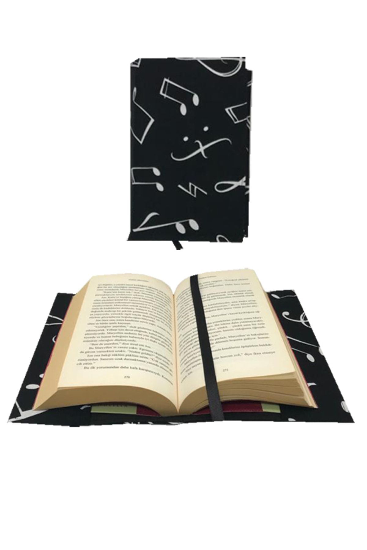 EL YAPIMI Kitap Kılıfı Siyah Nota Desenli