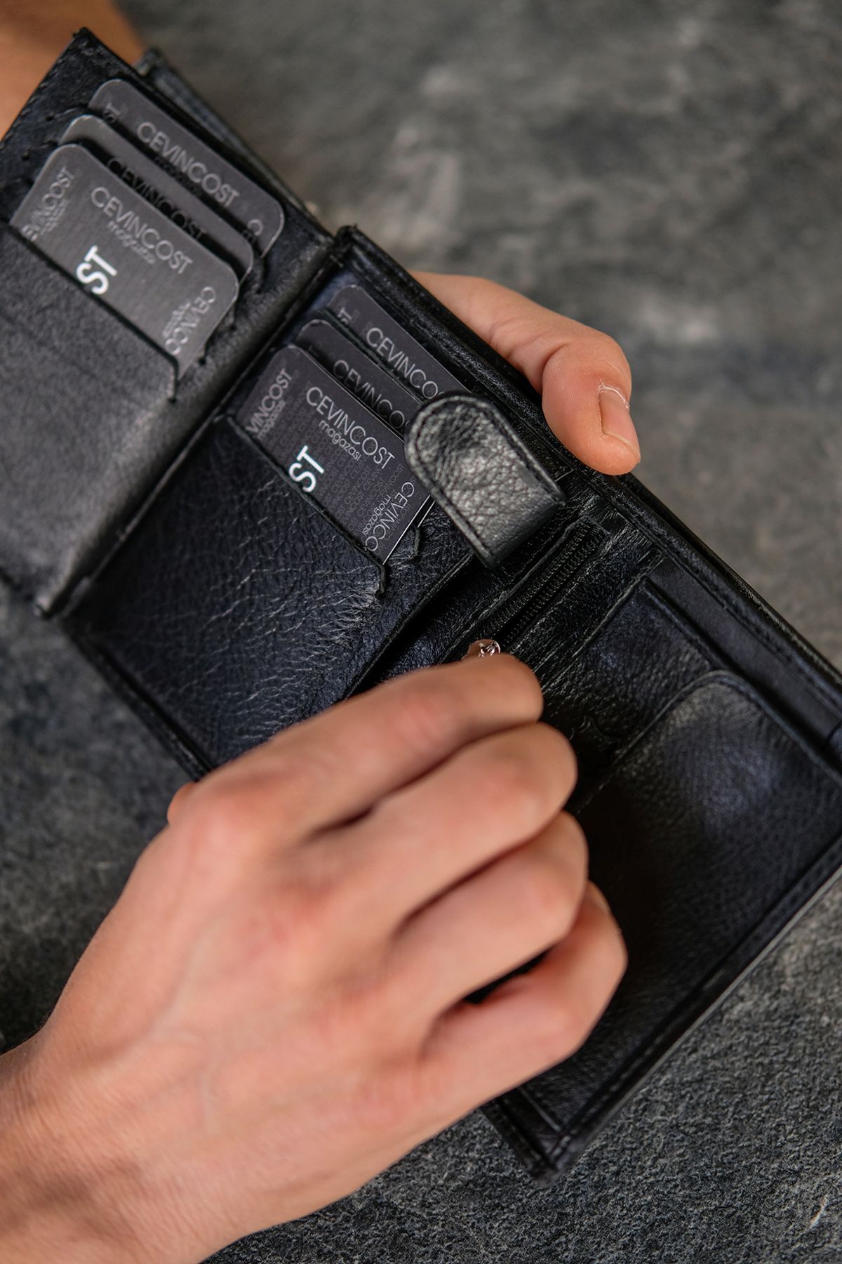 CEVINCOST  Hakiki Deri siyah Erkek Cüzdan Bozuk Para Bölmeli - Görsel 3