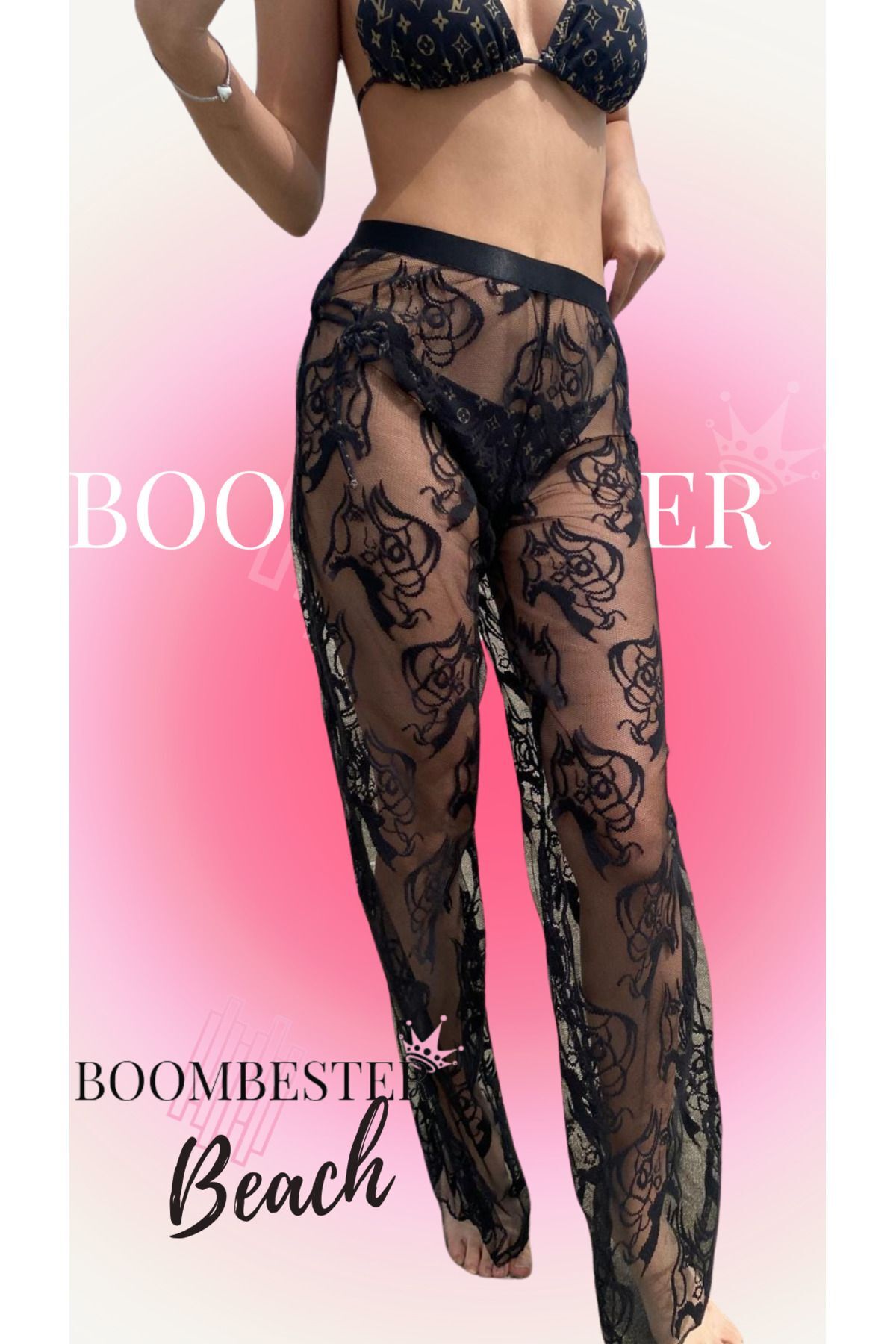 BoomBester Kadın Siyah  Plaj Pantolonu Pareo Dantel  Detaylı Transparan