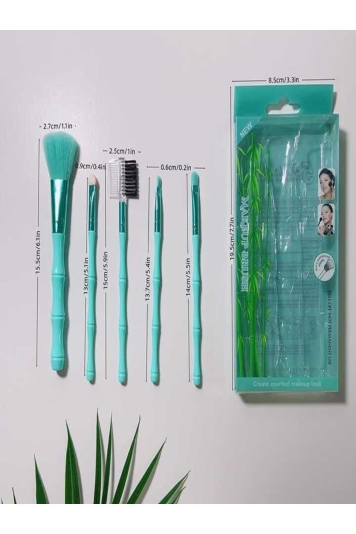 newnet Set De Pensule De Machiaj Din Plastic În Stil Bambus, Albastru Mentă, 5 Piese - One Size