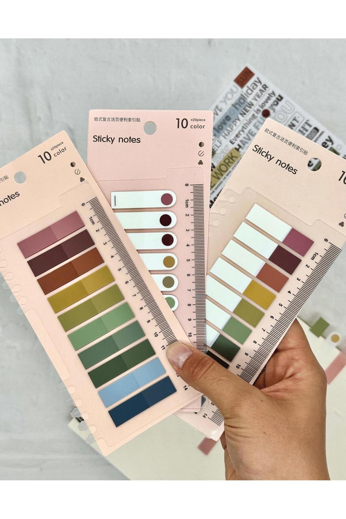 Kağıt Gemi Dükkan 3’lü Set 10 Renkli Cetvelli Retro Tonlar İndeks Sticker/İndex/Postit/Post-it/Kitap Ayracı/Not Kağıdı