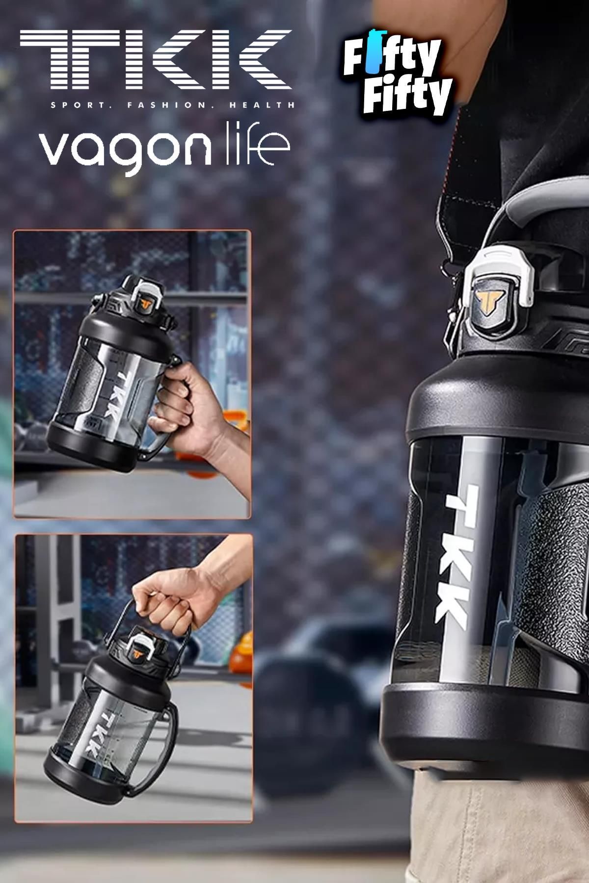 قمقمه ورزشی مشکی TKK 2000 میل یک پوشش دوتایی Pipetli Vagonlife