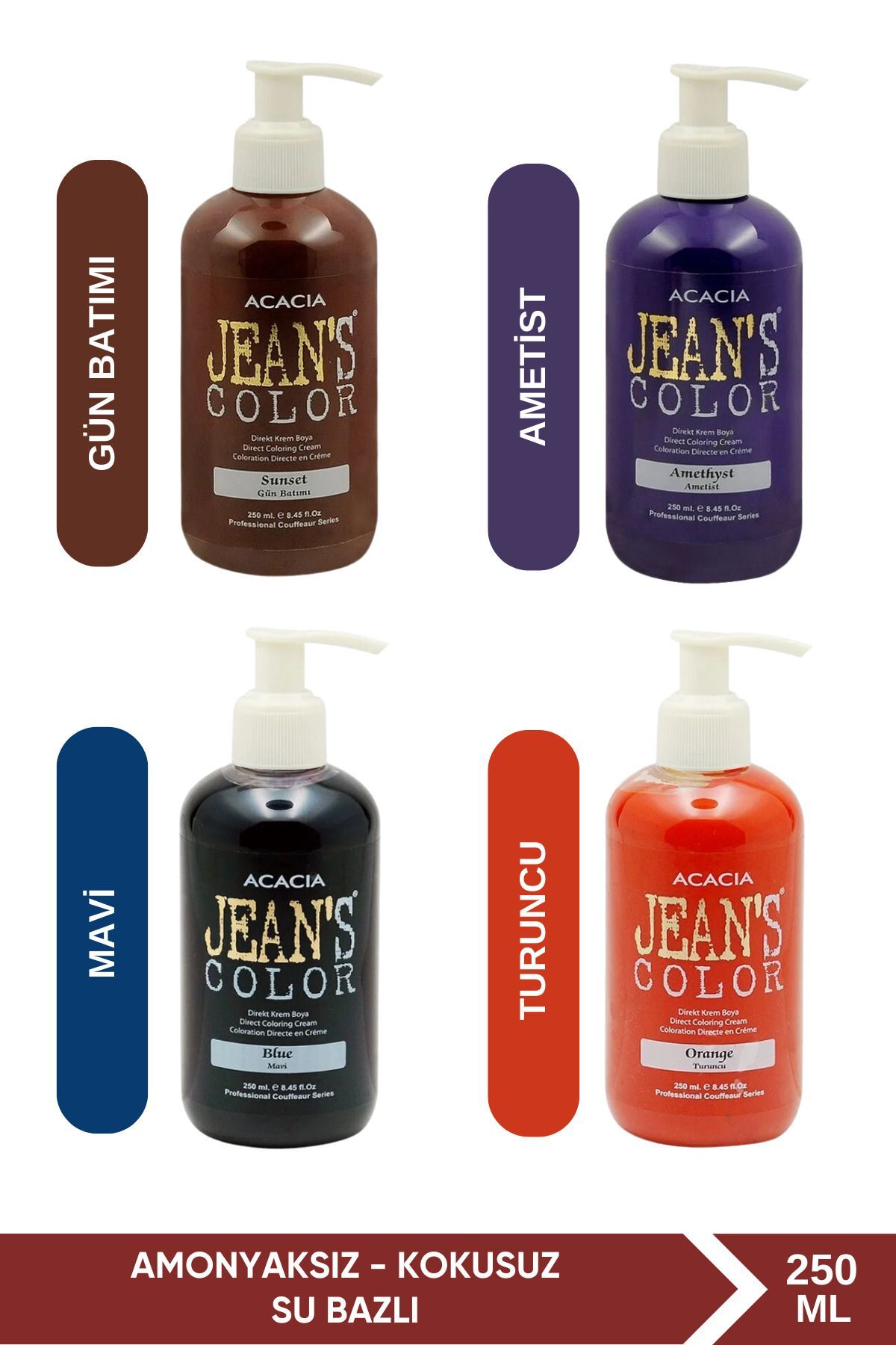 jeans color Amonyaksız Gün Batımı + Ametist + Mavi + Turuncu Renkli Su Bazlı Saç Boyaları 250 Ml — قهوه‌ای JC4