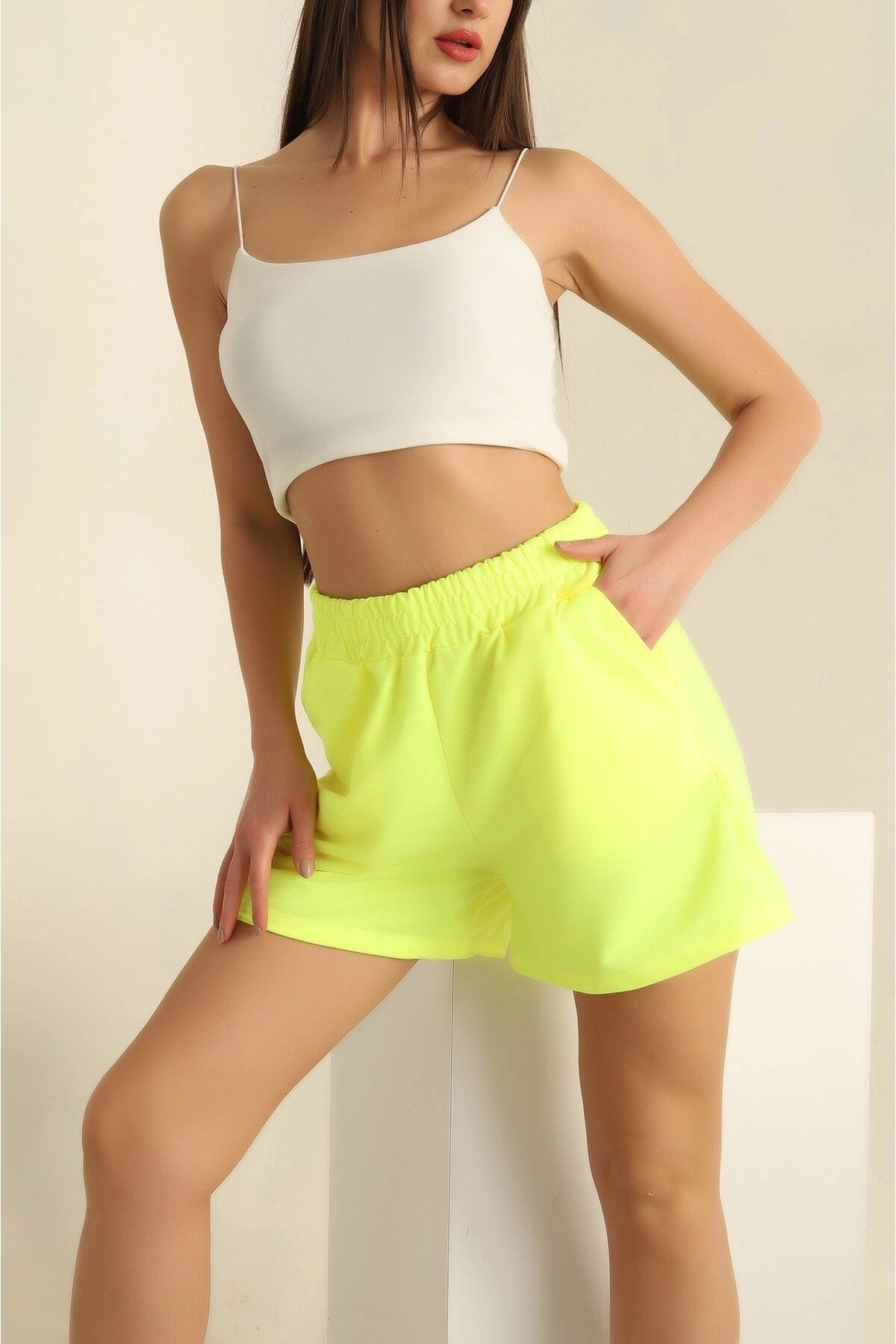 Liya-Yellow Elastic Waist Two String Shorts 3